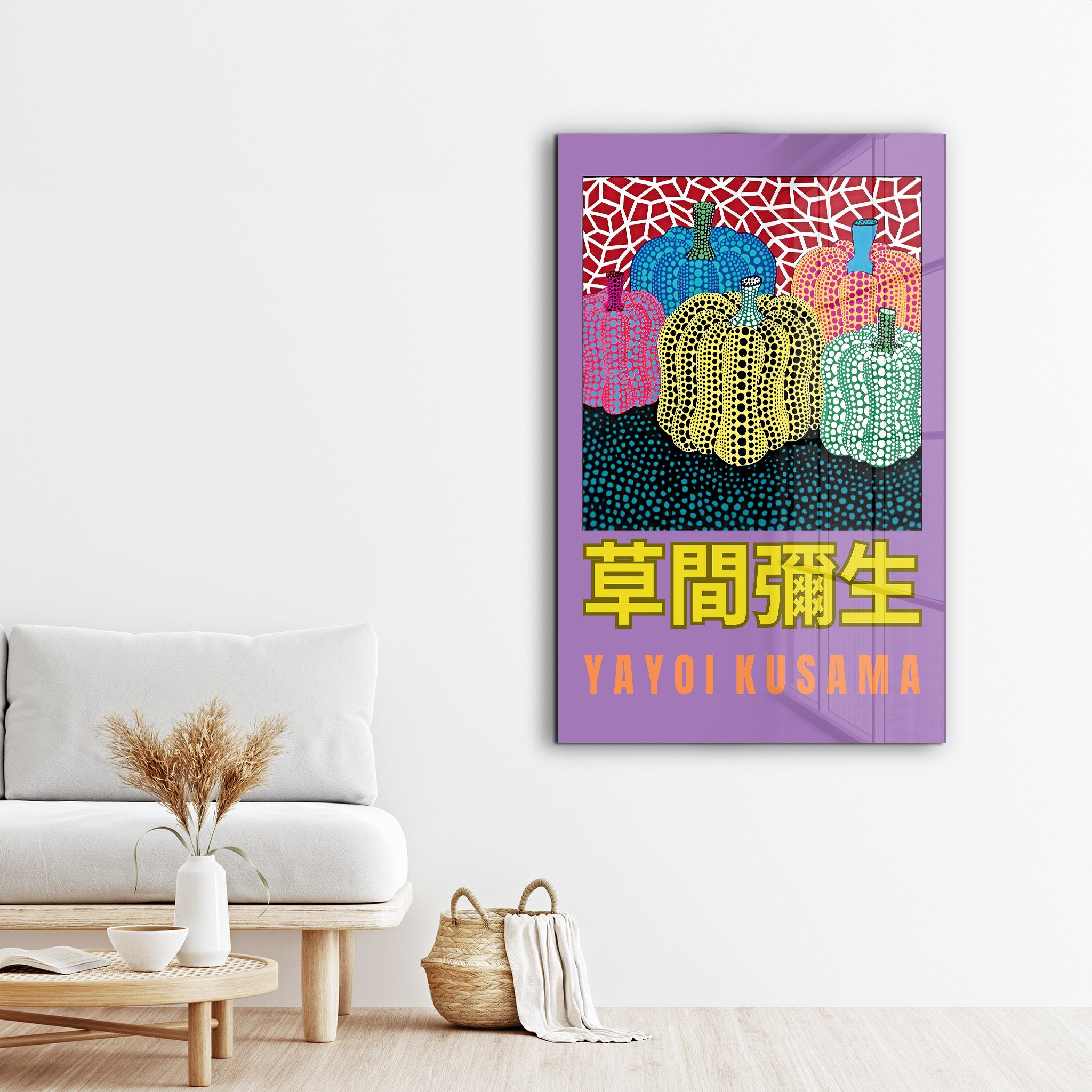 Colorful Yayoi Kusama pumpkin glass wall art with vibrant Japanese pop art design by Artdesigna.