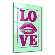 Elegant glass wall art featuring a love kiss design by Artdesigna, showcasing a sleek, modern decorative piece for wall display.