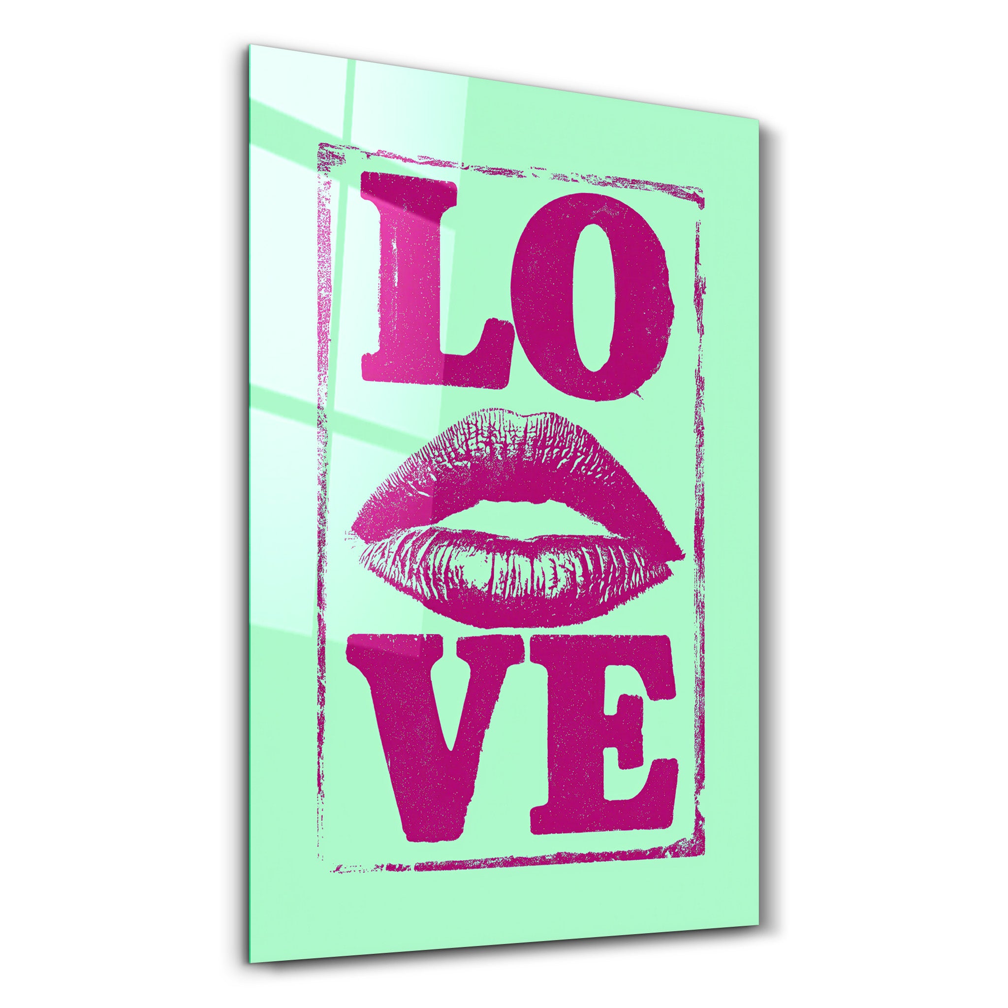 Elegant glass wall art featuring a love kiss design by Artdesigna, showcasing a sleek, modern decorative piece for wall display.