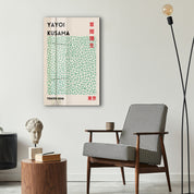Colorful Yayoi Kusama Tokyo 1998 Japanese pop art glass wall art by Artdesigna, showcasing vibrant abstract and polka dot patterns.