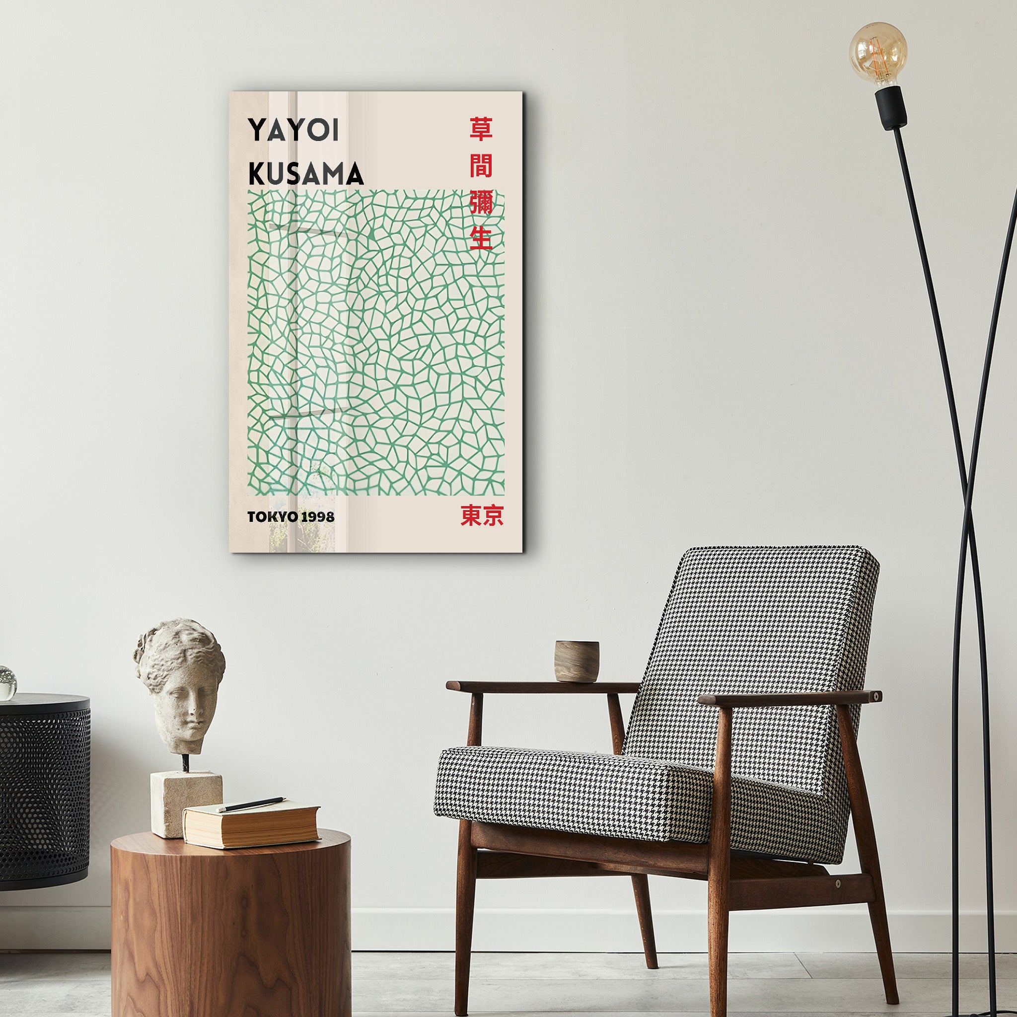 Colorful Yayoi Kusama Tokyo 1998 Japanese pop art glass wall art by Artdesigna, showcasing vibrant abstract and polka dot patterns.