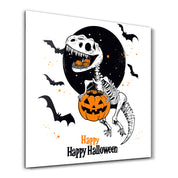 Dino Happy Halloween | Halloween Style Glass Wall Art - Artdesigna