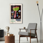 Yayoi Kusama mushroom Japanese pop art glass wall art by Artdesigna featuring colorful mushroom designs on clear glass.