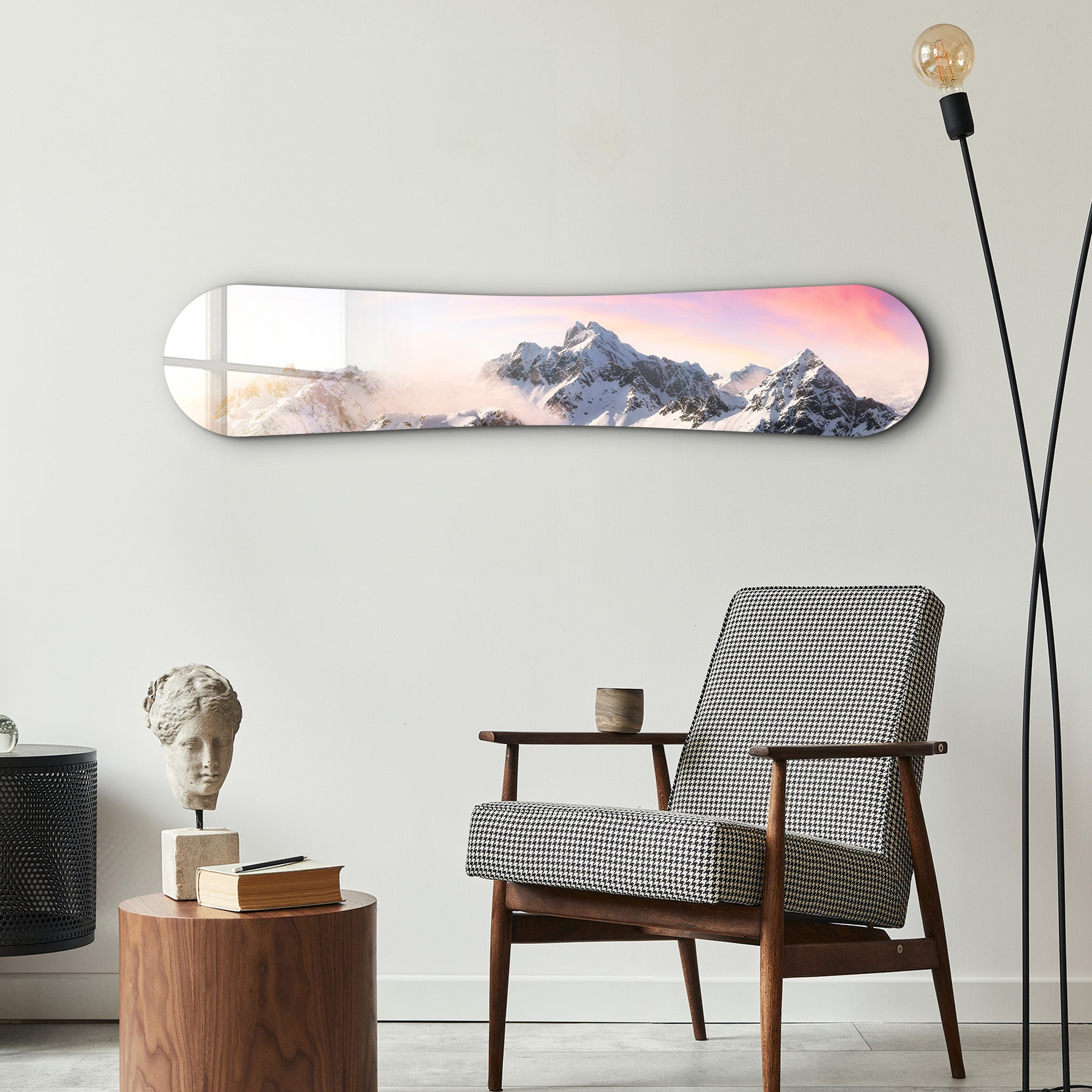 Sunrise Alpine Peaks snowboard-themed glass wall art by Artdesigna, featuring mountain silhouette and vibrant sky scene.