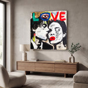 Glass wall art titled Love – Urban Kiss Square Art by Artdesigna, featuring a colorful urban-inspired design on a clear glass panel.