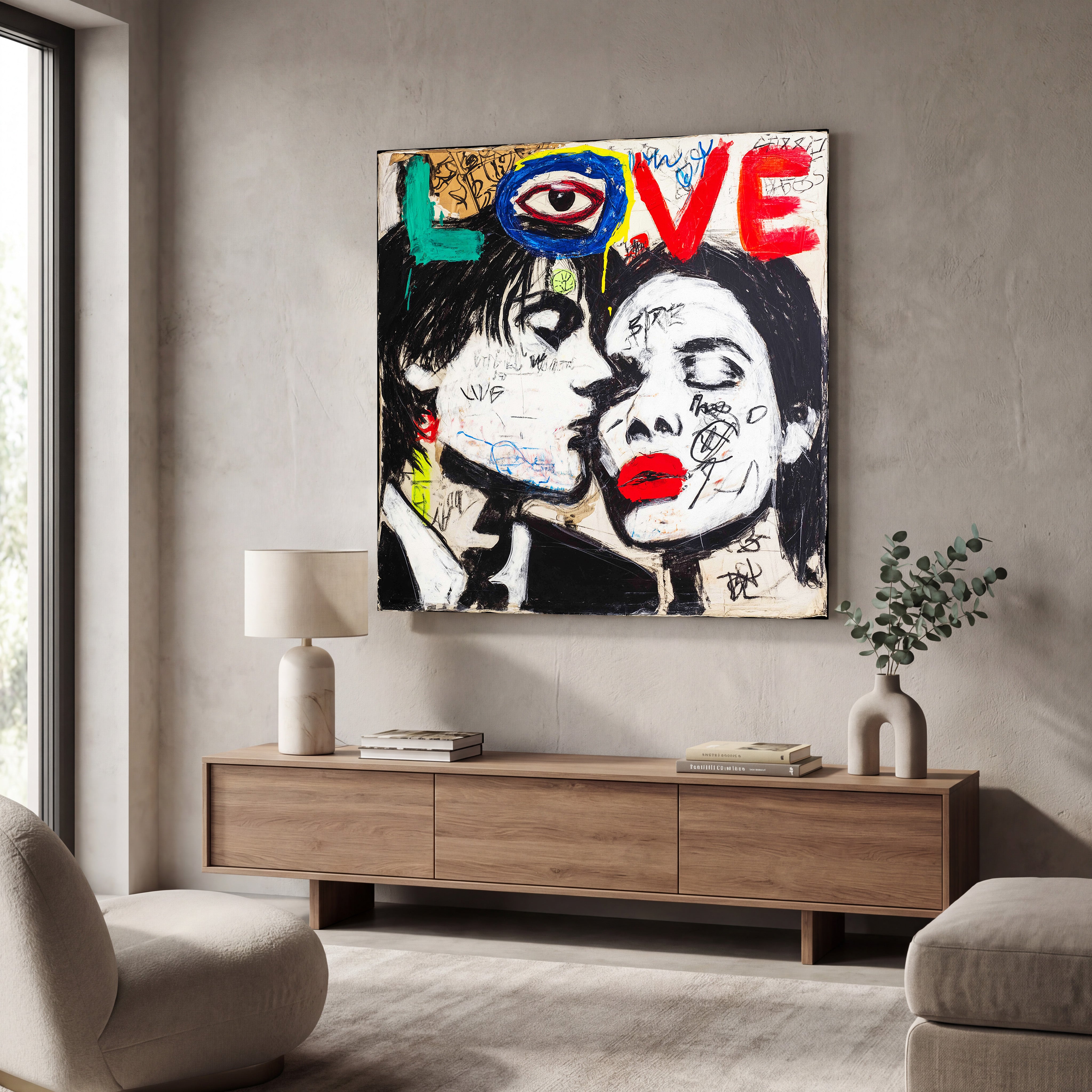Glass wall art titled Love – Urban Kiss Square Art by Artdesigna, featuring a colorful urban-inspired design on a clear glass panel.