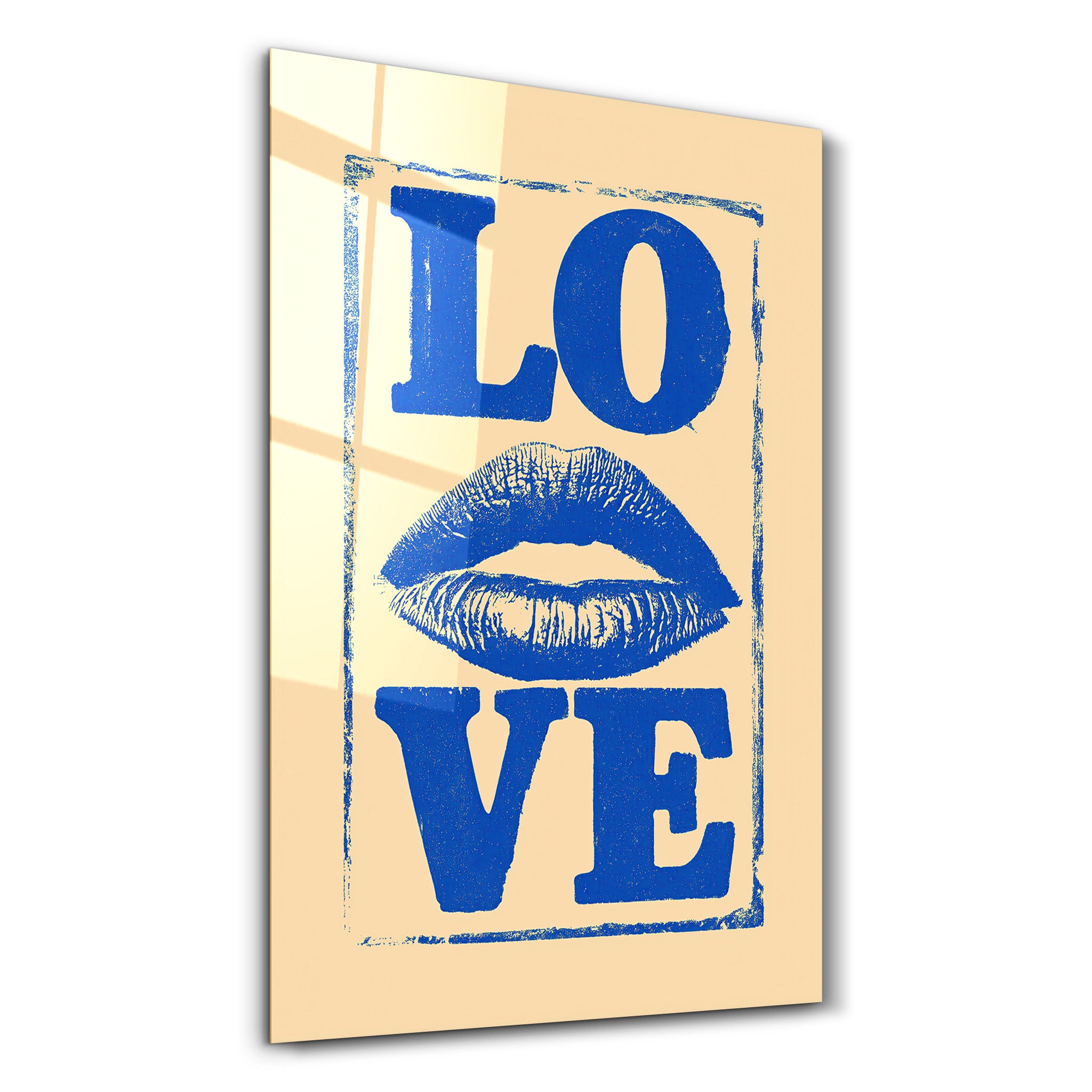 Artdesigna Love Kiss glass wall art featuring a romantic design, mounted on a wall, with vibrant colors and artistic details