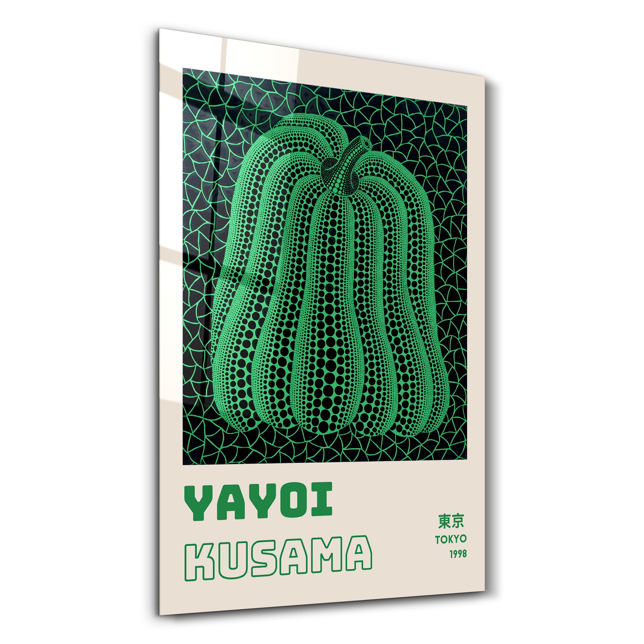 Glass wall art featuring Yayoi Kusama's green pumpkin design, showcasing vibrant Japanese pop art style by Artdesigna.