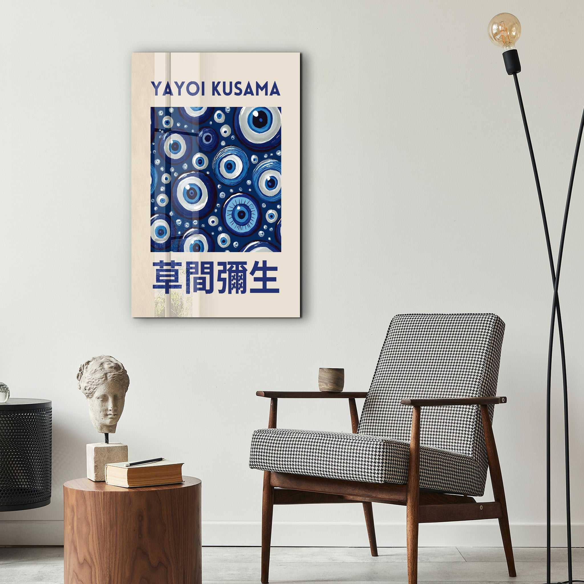 Blue eye Japanese pop art glass wall art by Yayoi Kusama, featuring vibrant blue and black design on clear glass.