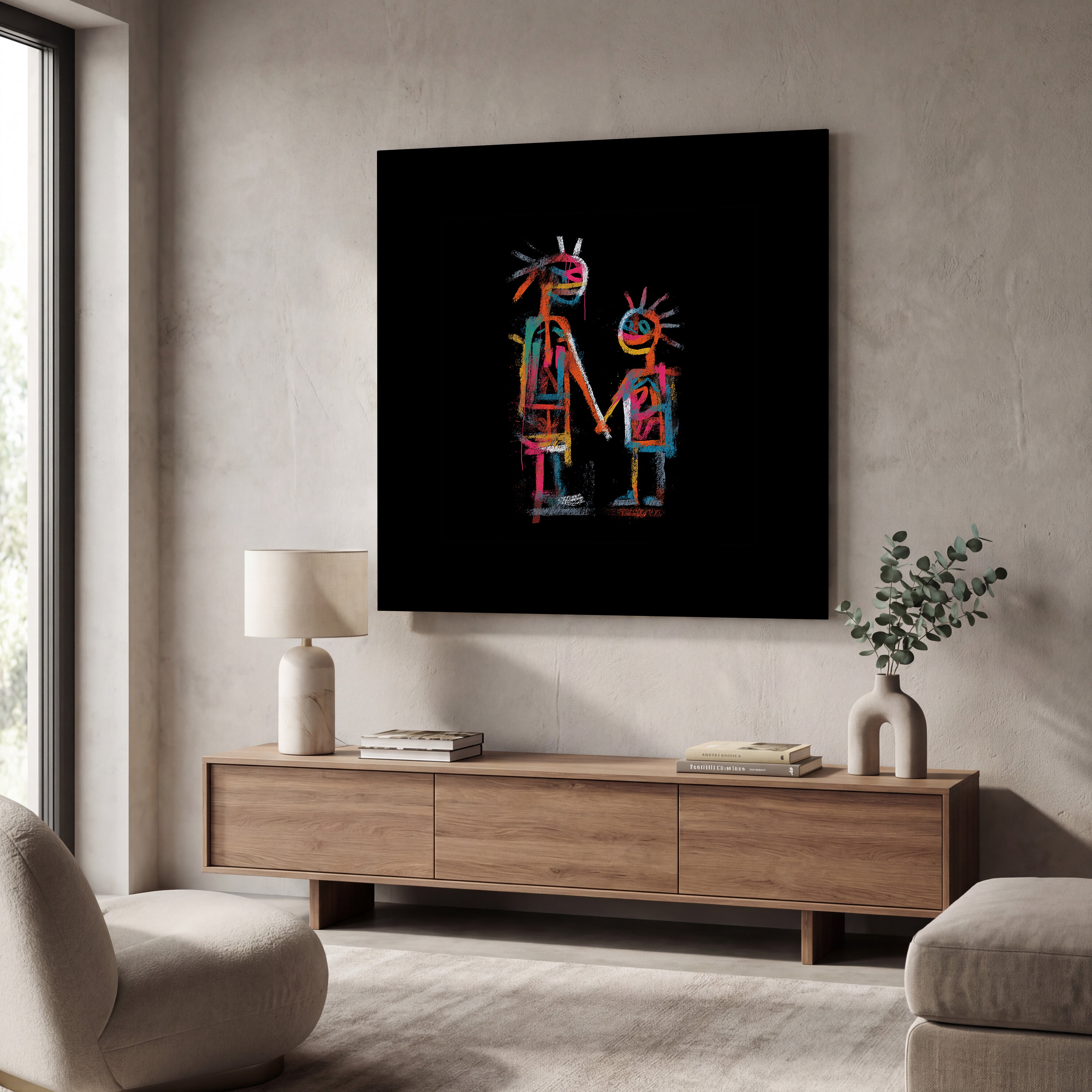 Neon family square glass wall art by Artdesigna, featuring vibrant neon-style design on transparent glass for modern home decor.