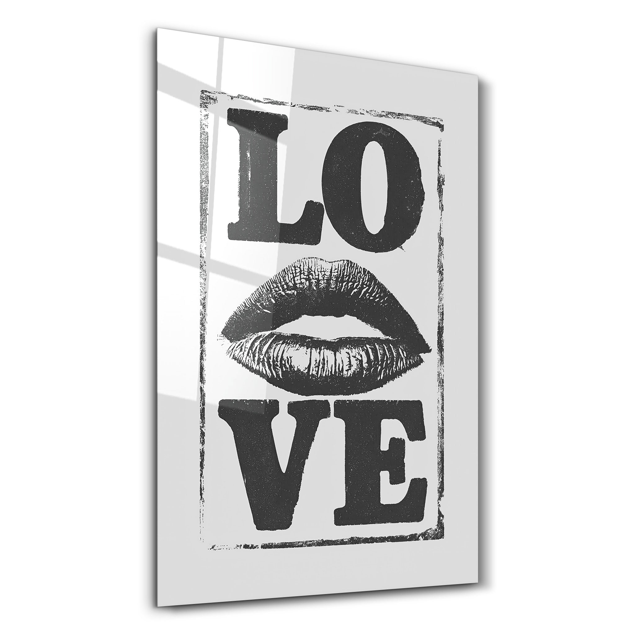 Artdesigna Love Kiss glass wall art featuring a romantic heart design on clear glass surface.
