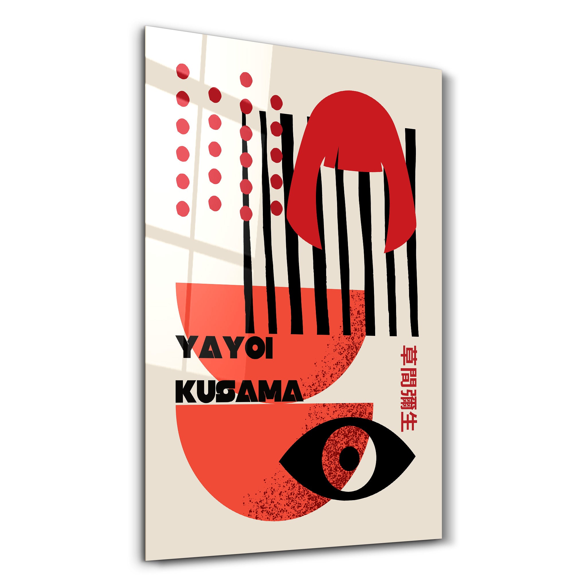 Yayoi Kusama abstract face glass wall art by Artdesigna featuring vibrant Japanese pop art design.