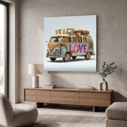 Glass wall art featuring a retro van design titled Peace Journey by Artdesigna, square-shaped decorative glass wall decor.