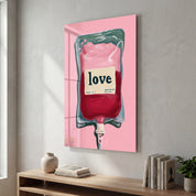 Glass wall art titled Love Transfusion by Artdesigna, featuring pop surreal minimalism with vibrant colors and abstract design.