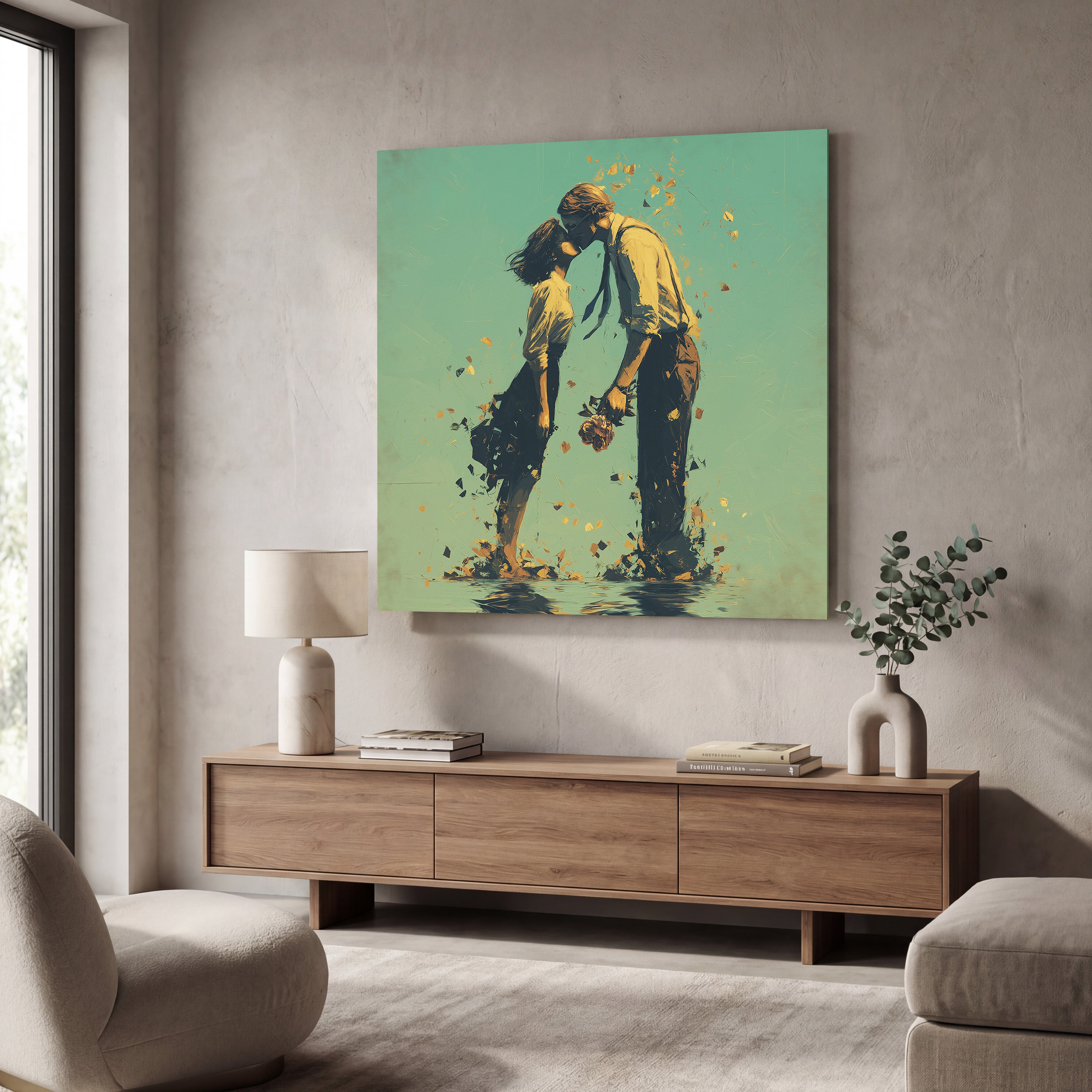 Romantic square glass wall art featuring a couple, designed by Artdesigna, with a modern, romantic couple illustration.