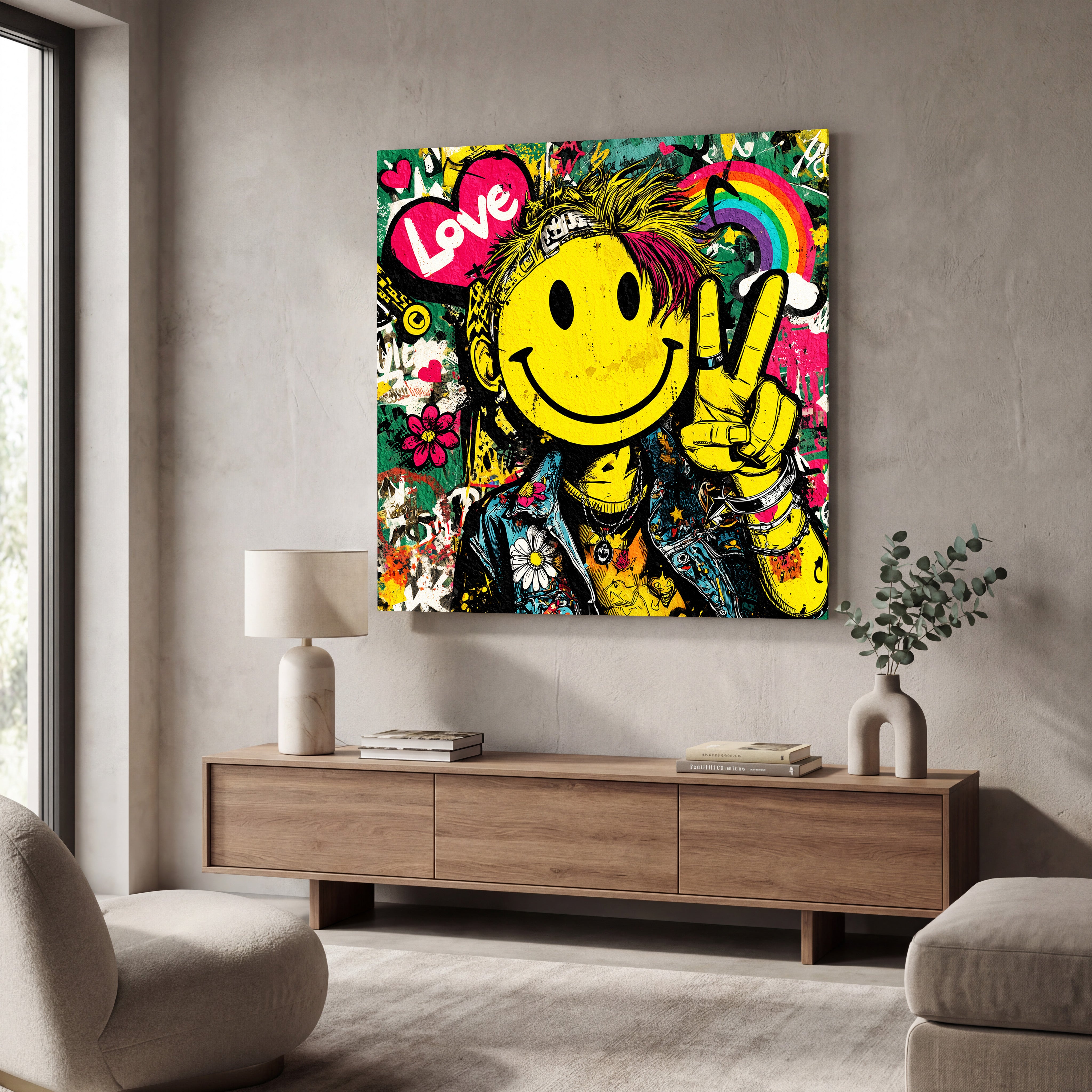 Colorful Smile Rebel Pop graffiti square glass wall art by Artdesigna, featuring vibrant graffiti design on clear glass.