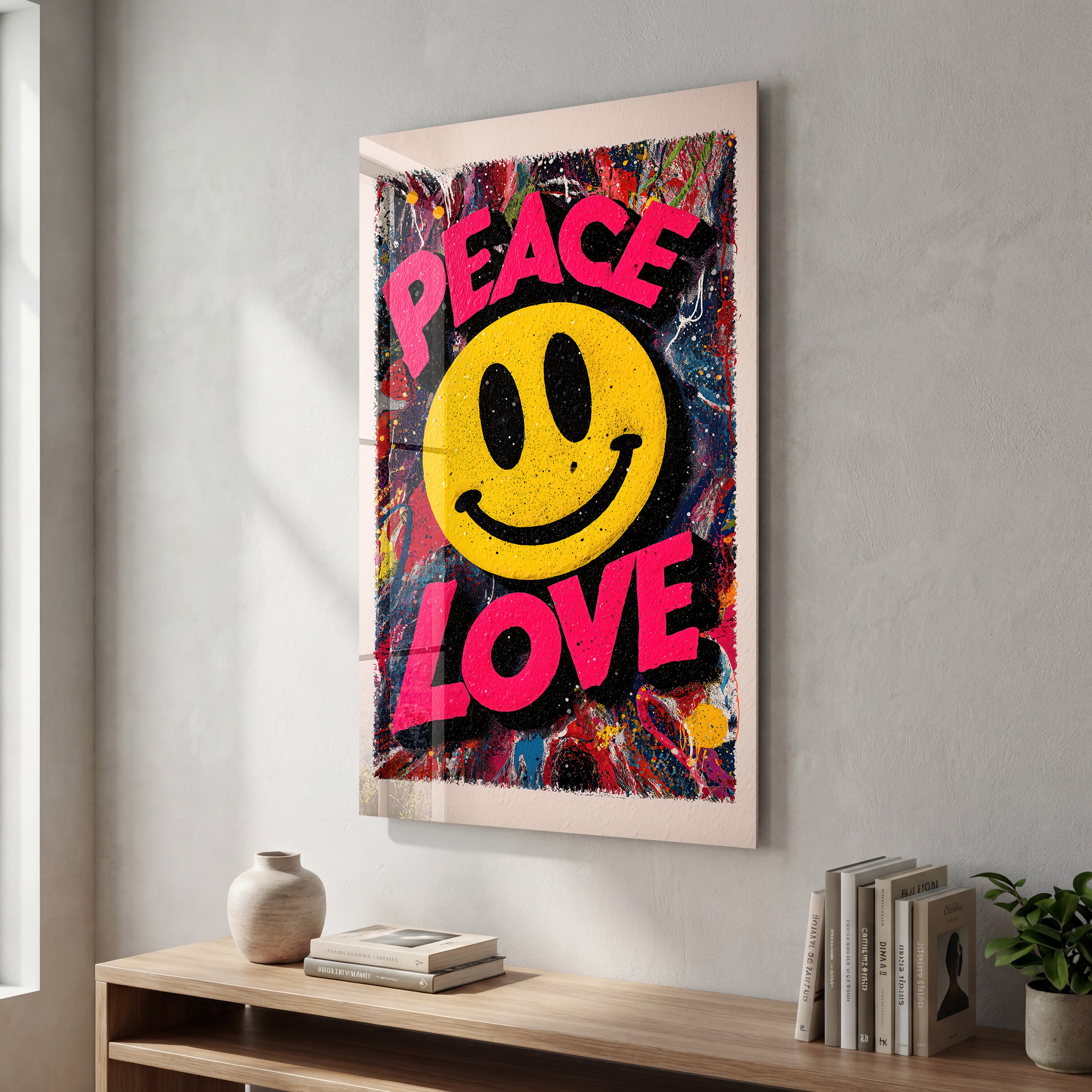 Colorful glass wall art featuring a graffiti-style smiley face with peace and love symbols by Artdesigna.