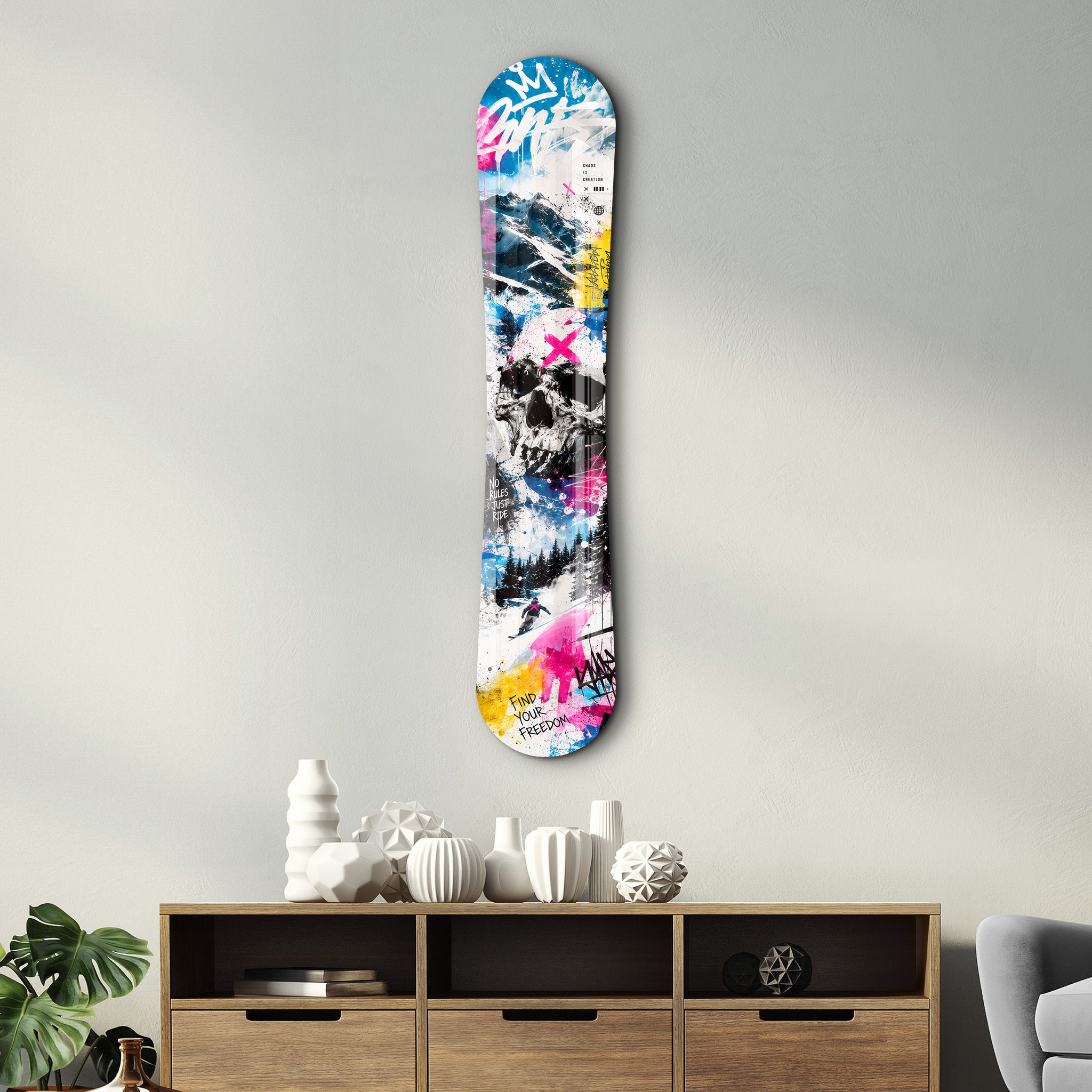 Artdesigna snowboard-themed glass wall art featuring a design inspired by the "Find Your Freedom" motif, suitable for decor.