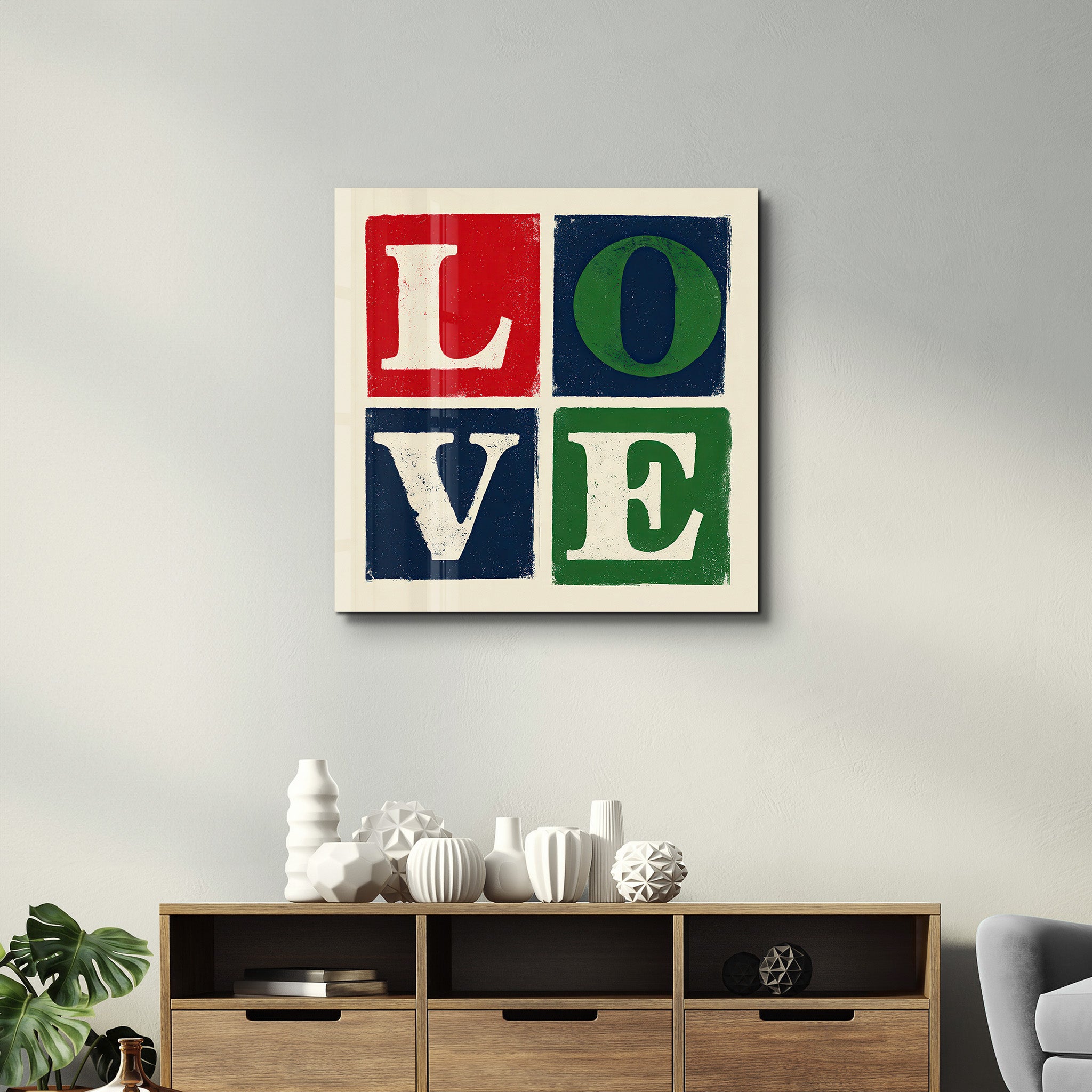 Retro square typography glass wall art by Artdesigna featuring love blocks design on clear glass surface.