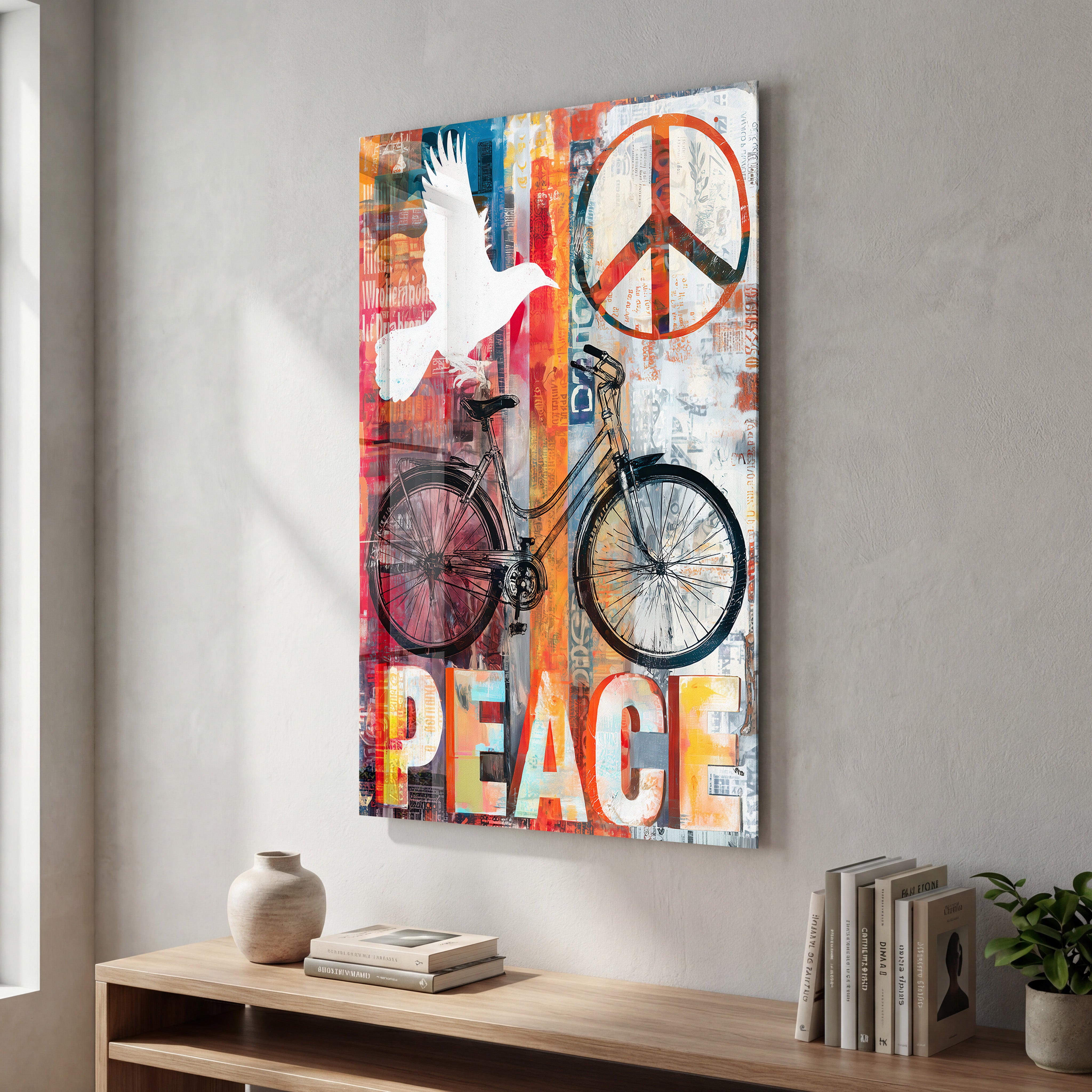 Glass wall art collage featuring a Peace Ride urban bicycle design by Artdesigna, vibrant colors and modern urban style.