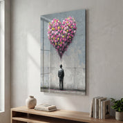 Colorful glass wall art featuring blooming heart design, romantic urban theme, by Artdesigna for modern interior decoration.