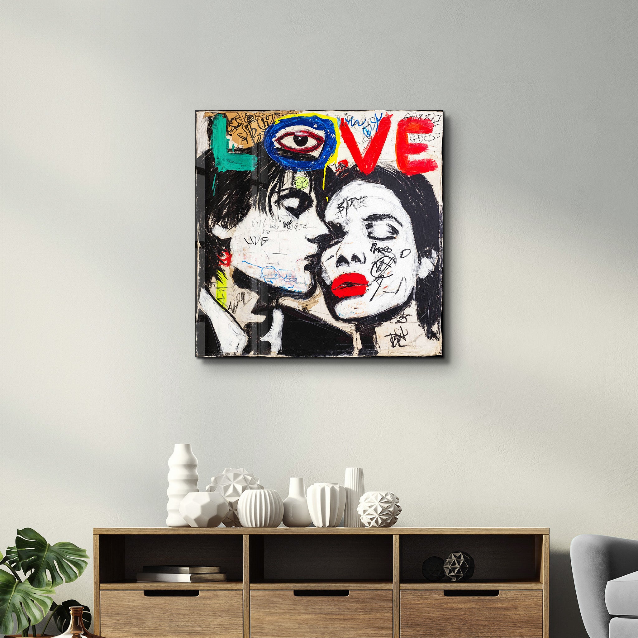 Glass wall art titled "Love – Urban Kiss Square" by Artdesigna featuring a vibrant cityscape in a square glass panel.