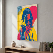 Peace Muse bold pop portrait art glass wall art by Artdesigna featuring vibrant colors and modern design on clear glass background