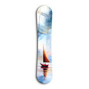 Minimal sailboat snowboarding glass wall art by Artdesigna, featuring a sleek sailboat design on a clear glass panel.