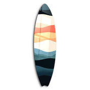 Colorful retro horizon surfboard glass wall art by Artdesigna featuring vibrant ocean and sunset scene on clear glass.