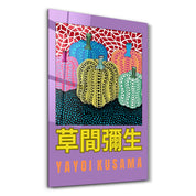 Colorful Yayoi Kusama pumpkin glass wall art by Artdesigna featuring vibrant Japanese pop art style on transparent glass.