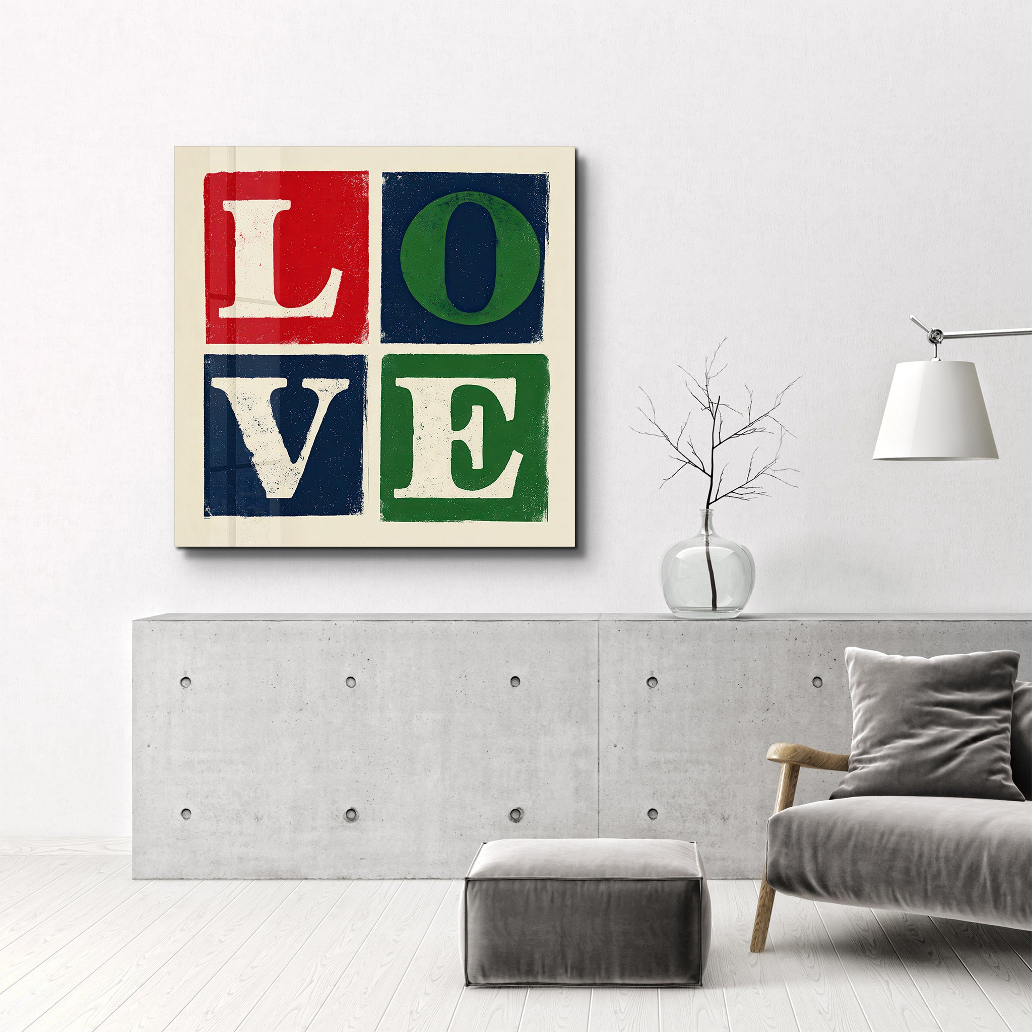 Retro square glass wall art featuring "Love Blocks" typography by Artdesigna, with colorful geometric design on clear glass.