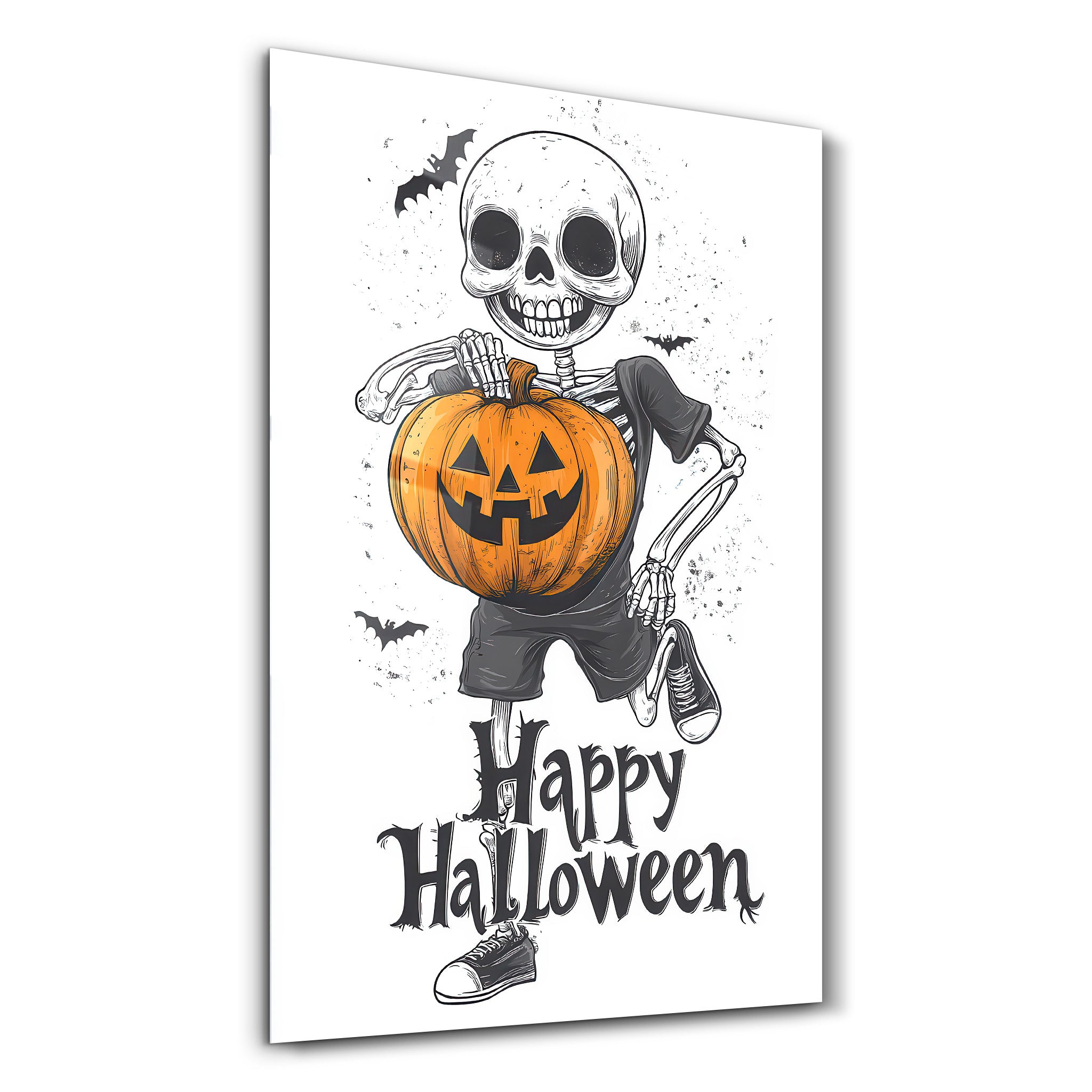 Skeleton Holding a Jack-O'-Lantern | Halloween Glass Wall Art - Artdesigna