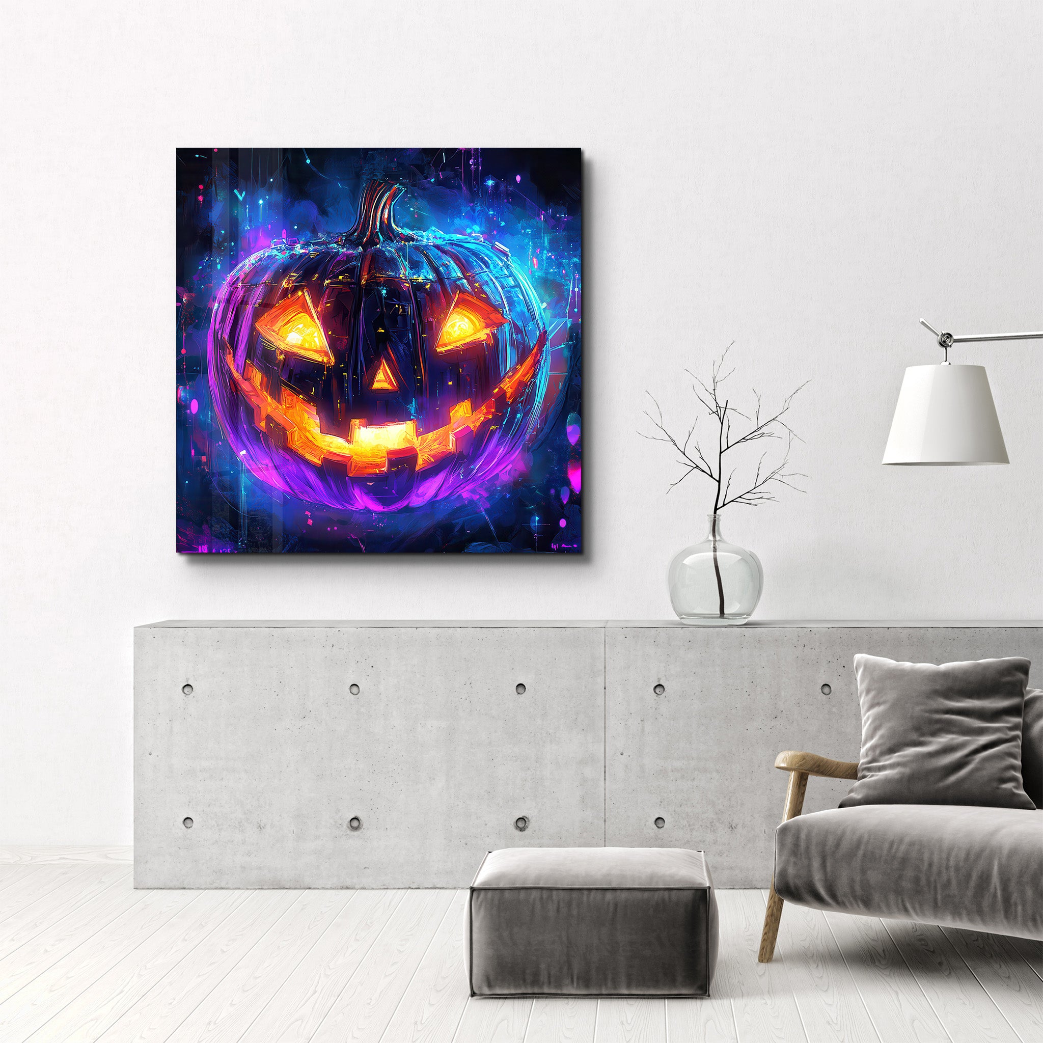 Neon Pumpkin | Halloween Style Glass Wall Art - Artdesigna