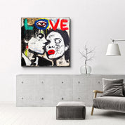 Glass wall art titled "Love – Urban Kiss Square" by Artdesigna featuring a vibrant, modern design on clear glass.