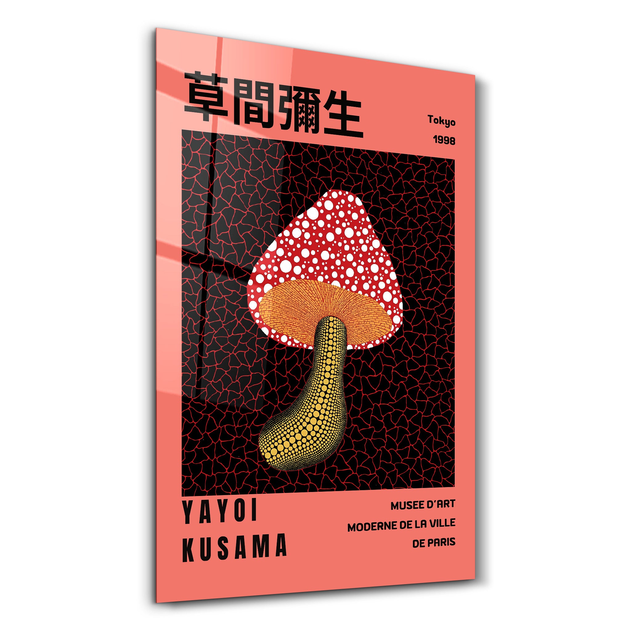 Red mushroom glass wall art by Artdesigna featuring Yayoi Kusama's Japanese pop art style, vibrant and colorful wall decor.