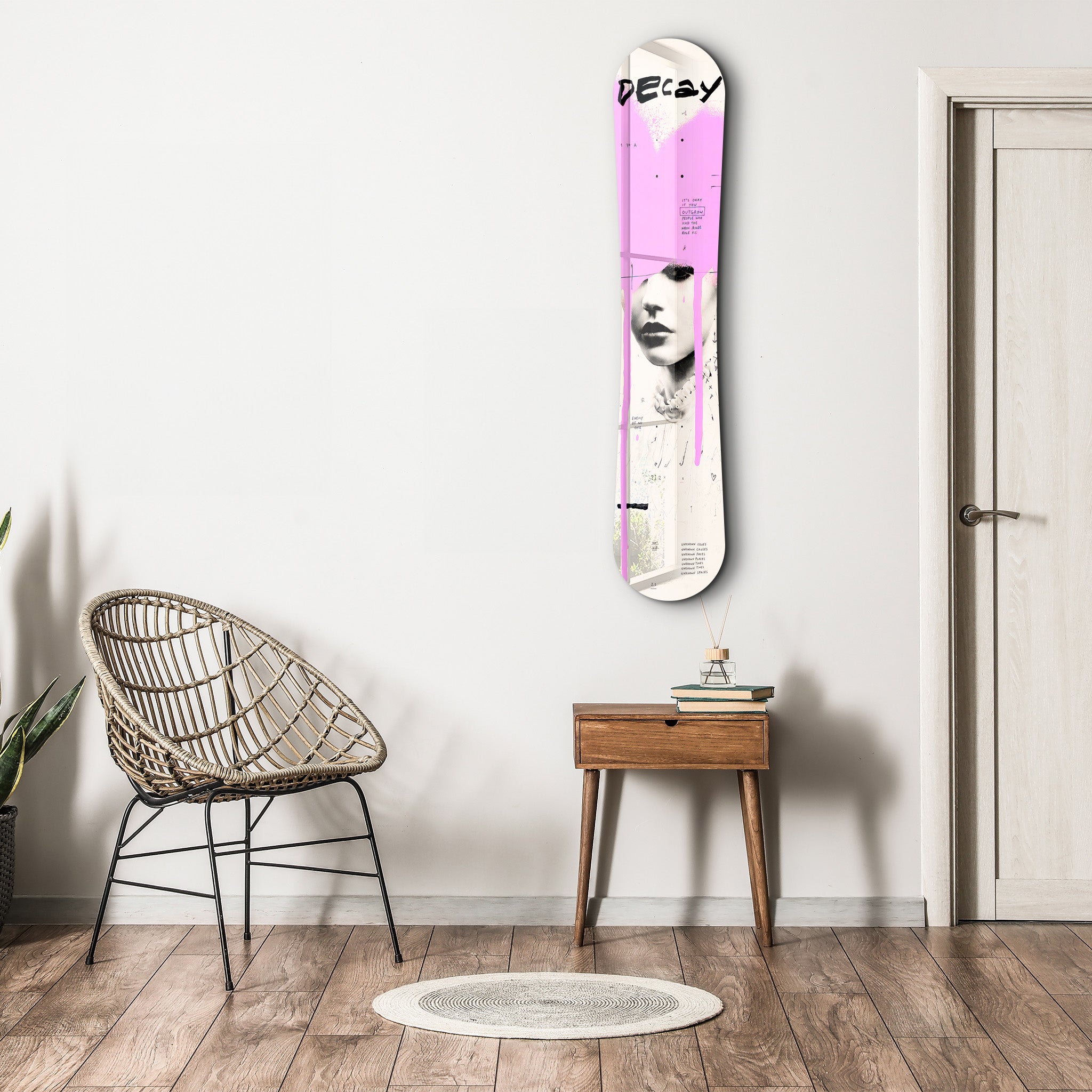 Pink graffiti portrait glass wall art featuring vibrant street art design, ideal for modern home or office decor.