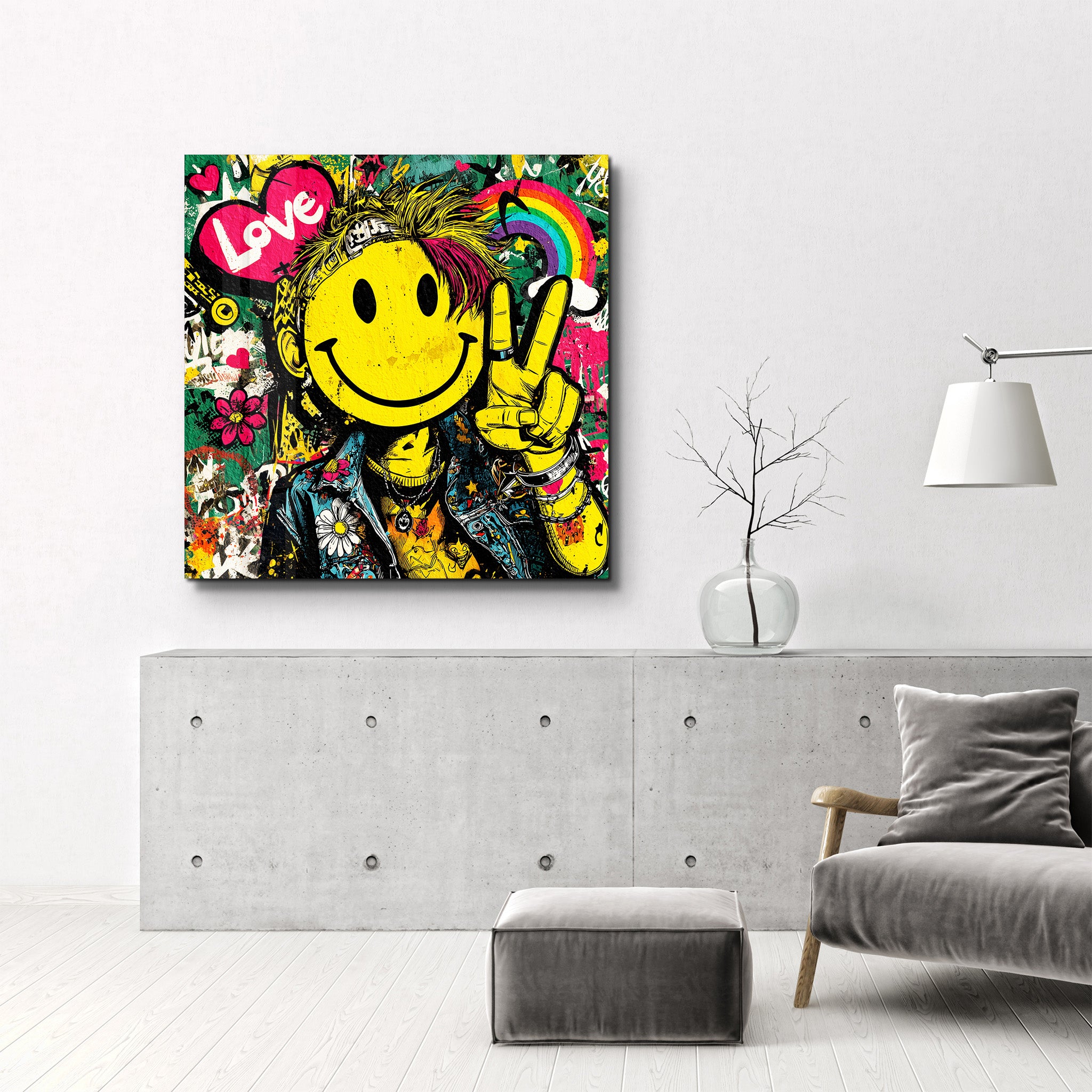 Colorful pop graffiti square glass wall art by Artdesigna featuring vibrant, abstract street art design for modern interior decor.