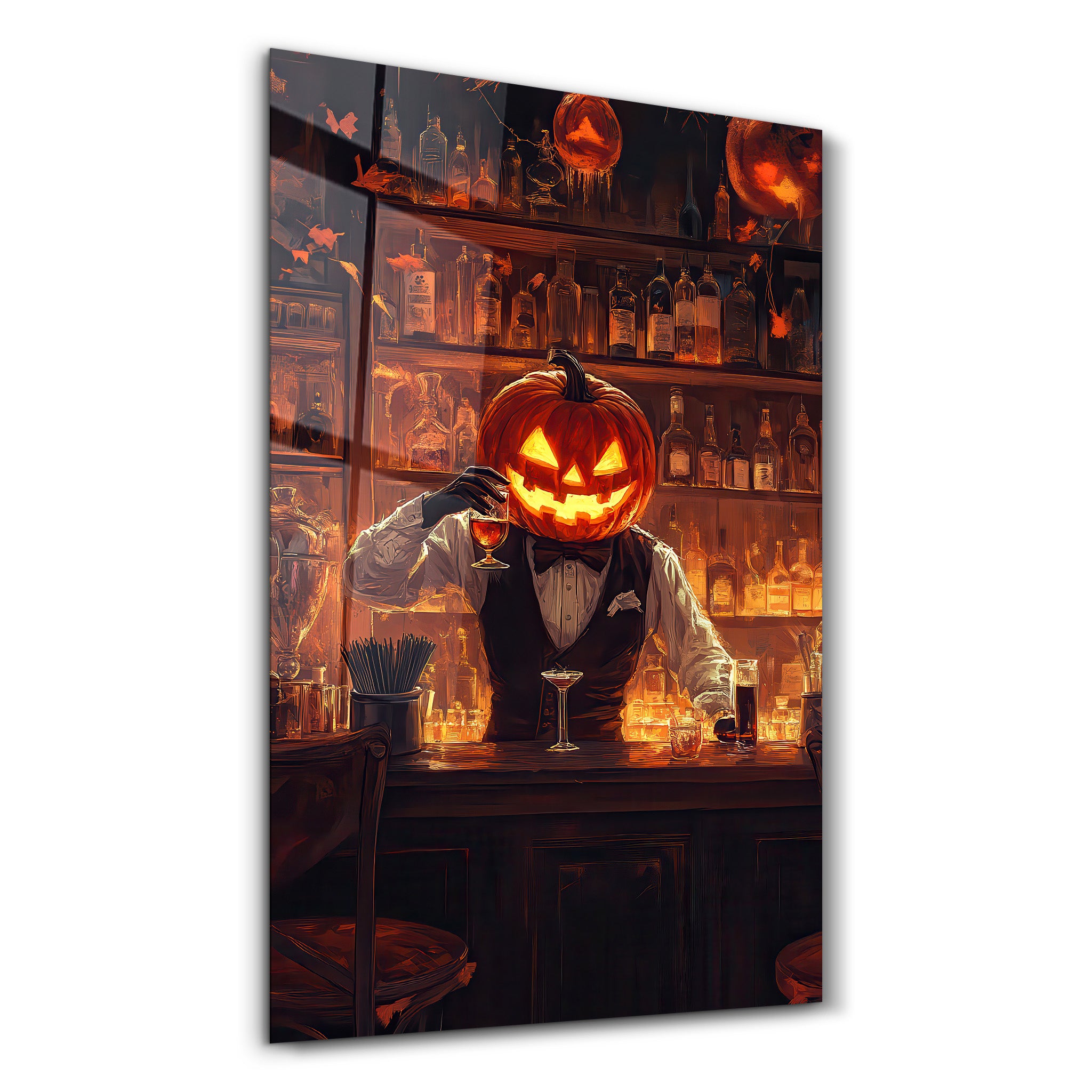 Pumpkin Bartender | Halloween Glass Wall Art - Artdesigna