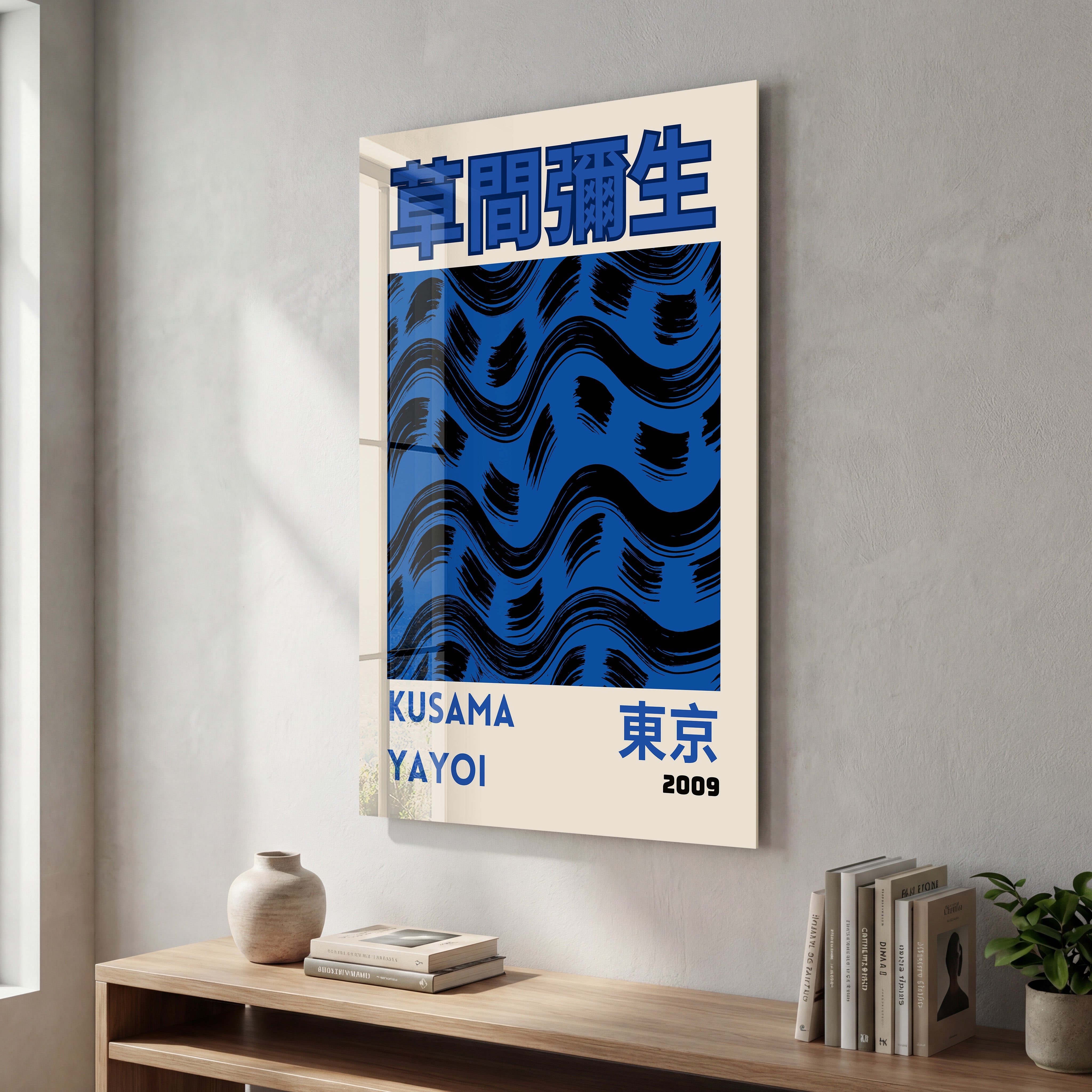 Blue wave Japanese pop art glass wall art by Artdesigna featuring vibrant Yayoi Kusama-inspired design.