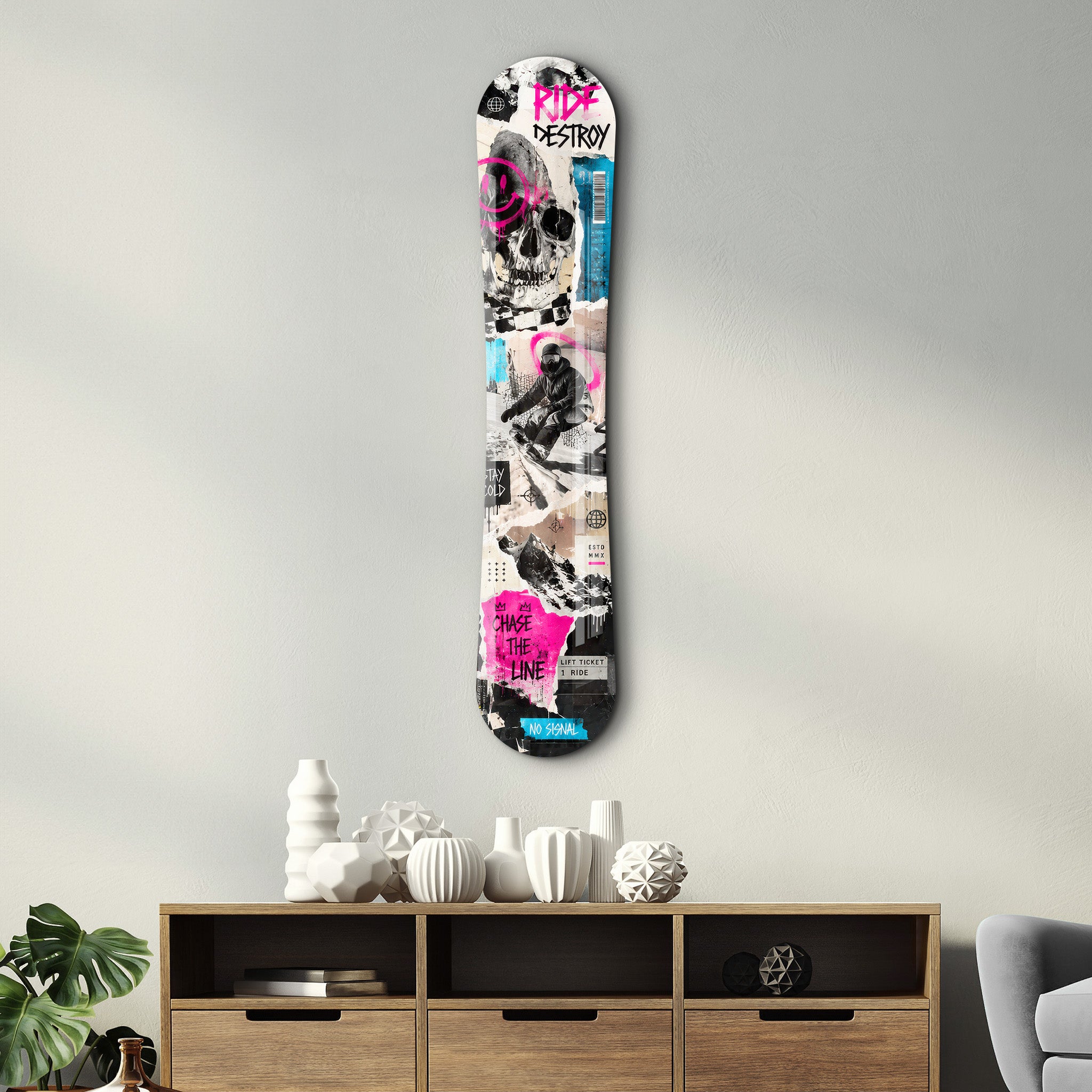 Artdesigna Ride Destroy snowboard glass wall art featuring a vibrant snowboard design on clear glass surface.