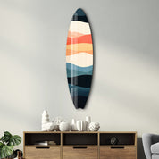 Retro Horizon surfboard glass wall art by Artdesigna featuring a vibrant ocean wave design on clear glass.
