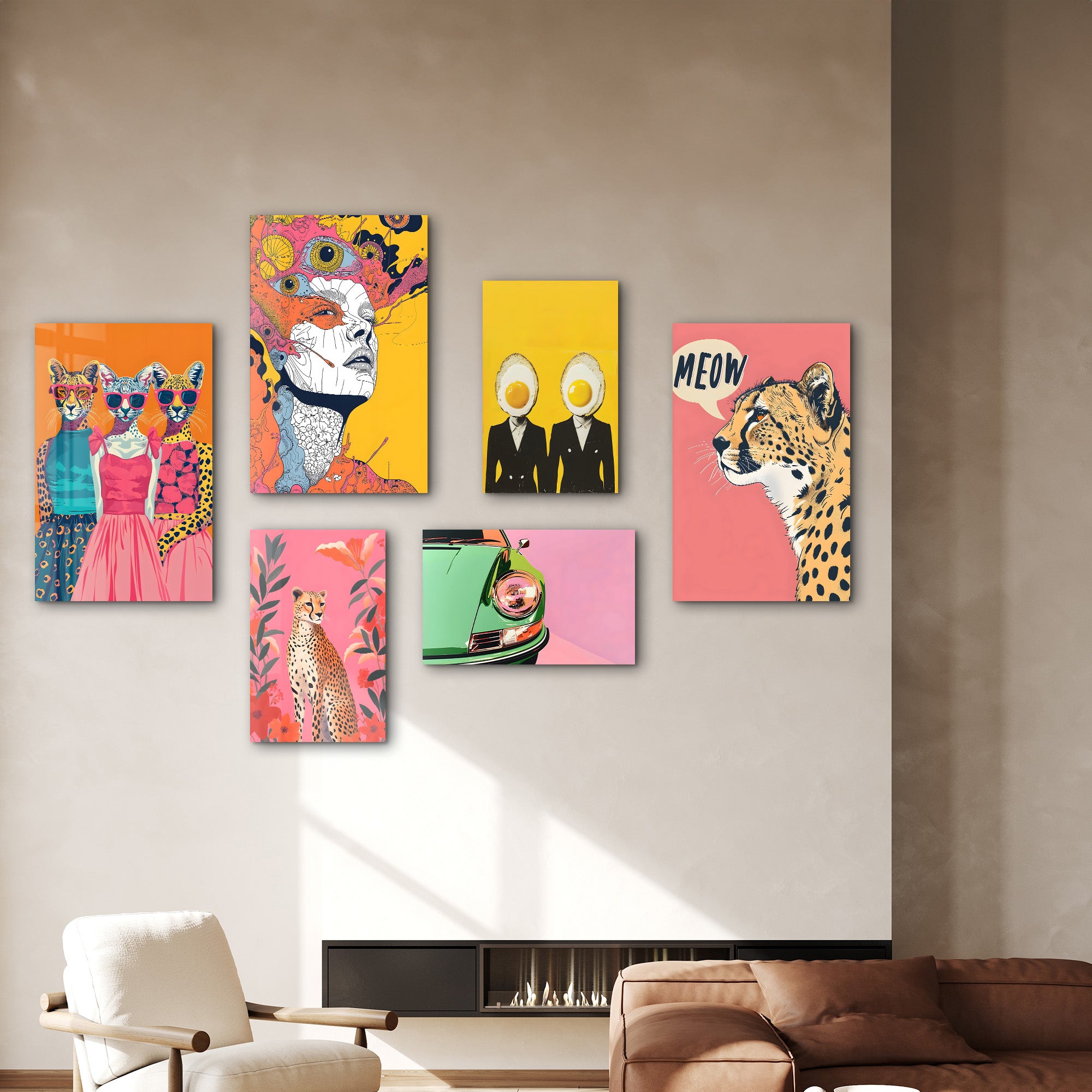 Retro Pop & Surrealist Safari Gallery Glass Wall Art Set - Artdesigna