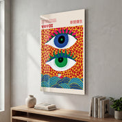 Yayoi Kusama Double Eye Japanese pop art glass wall art by Artdesigna, featuring vibrant, colorful eye motifs on transparent glass.