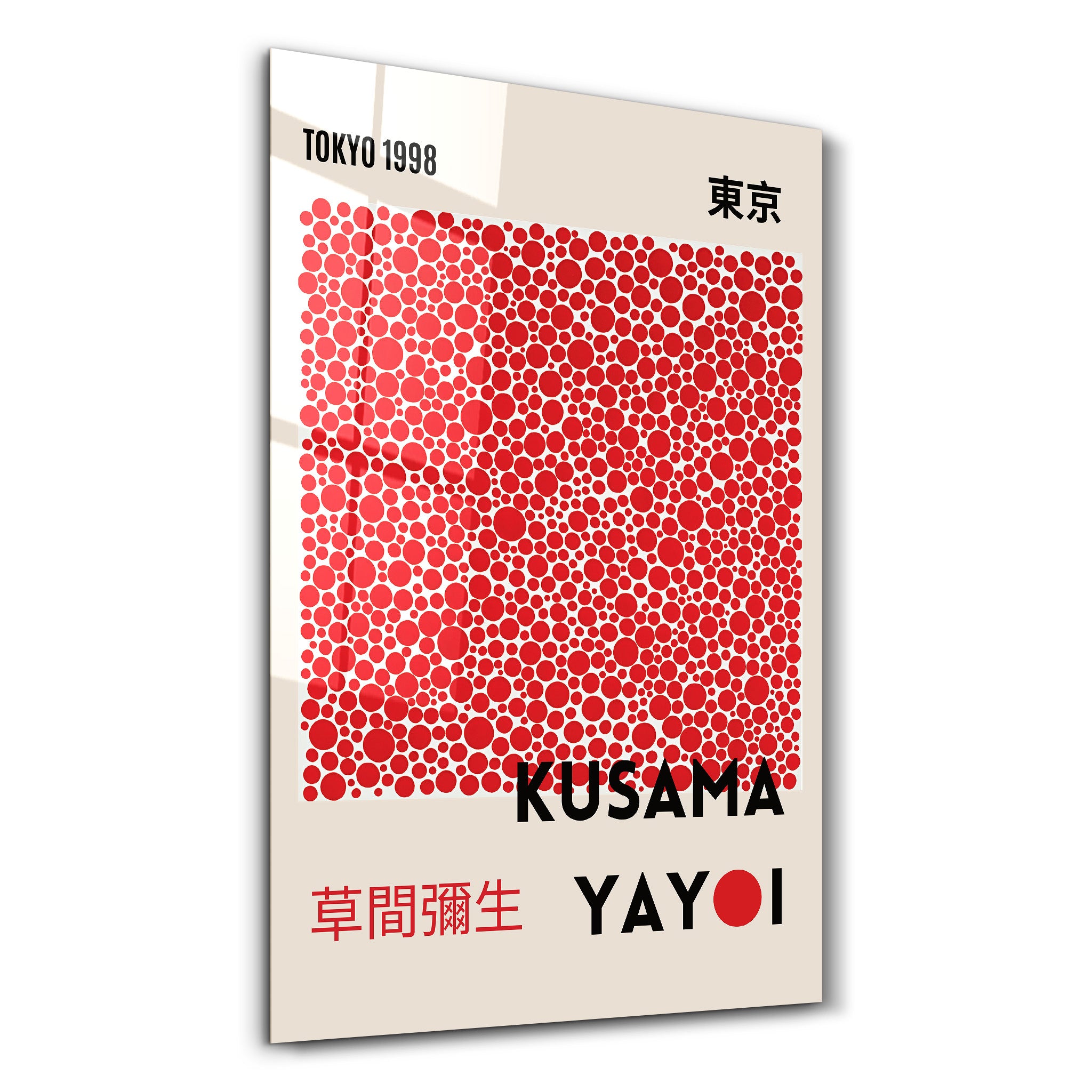 Glass wall art by Artdesigna featuring Yayoi Kusama's Tokyo 1998 red dots Japanese pop art design.