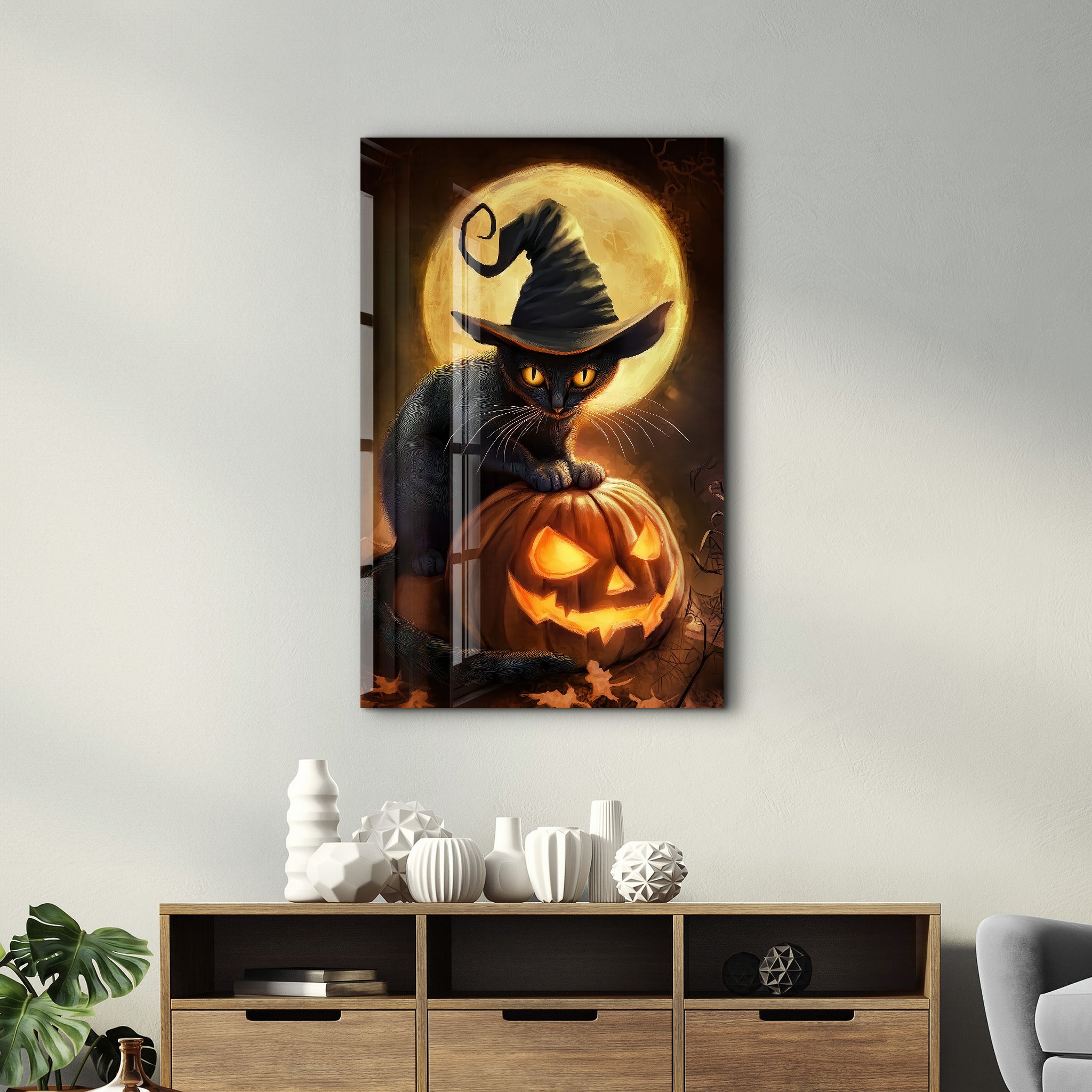 Kitty Witch | Halloween Glass Wall Art - Artdesigna