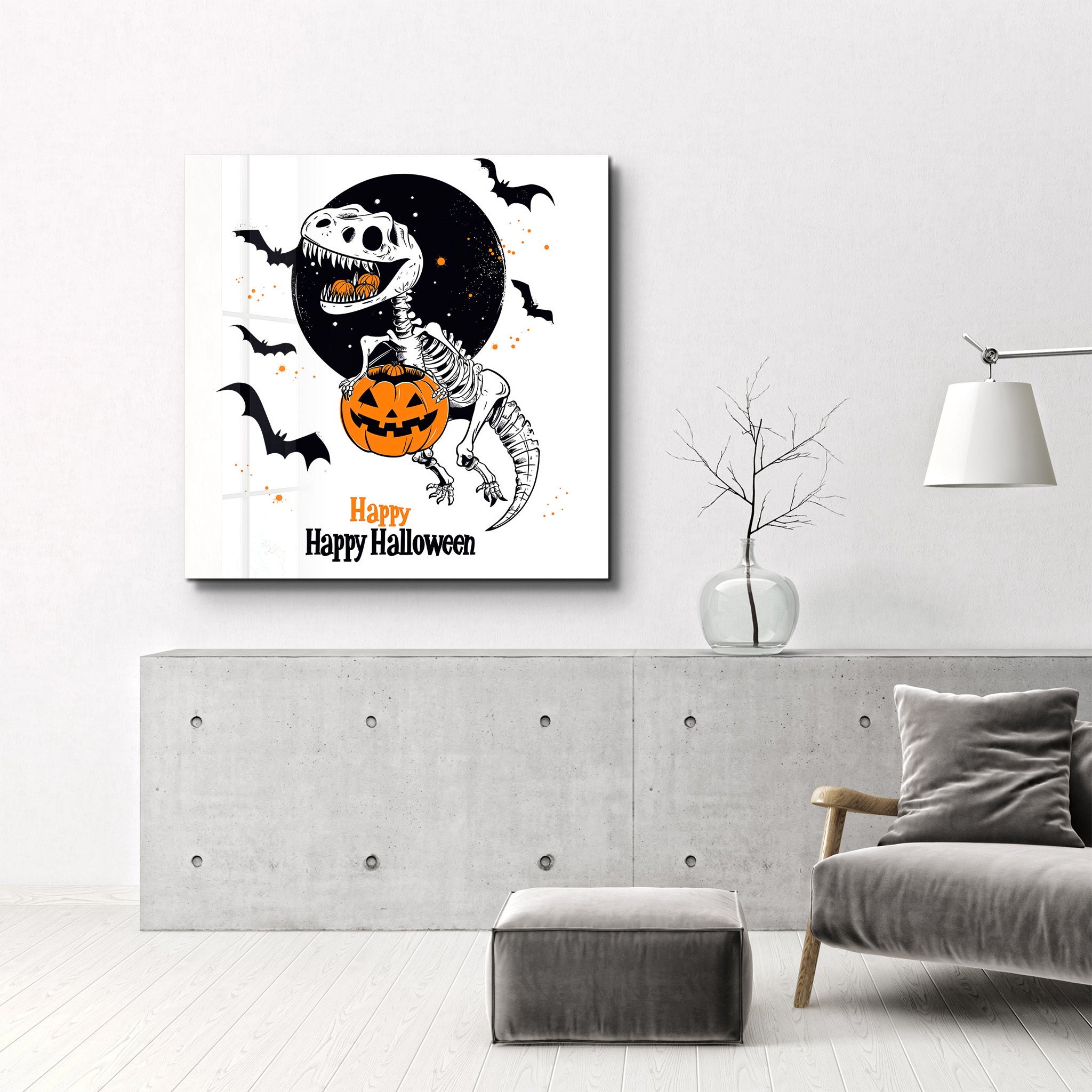 Dino Happy Halloween | Halloween Style Glass Wall Art - Artdesigna