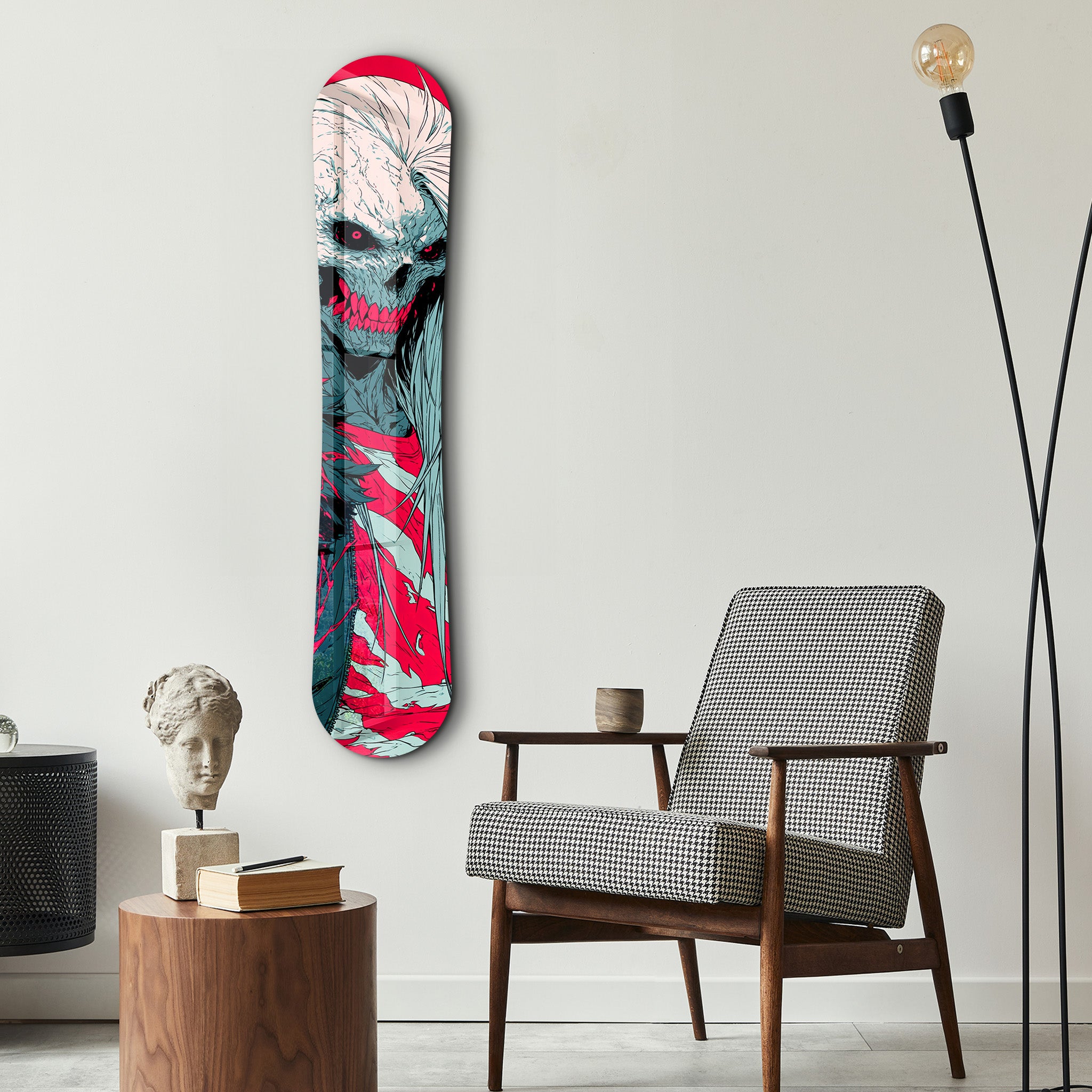 Neon Reaper snowboard glass wall art by Artdesigna, featuring vibrant neon colors and detailed snowboard design on clear glass.