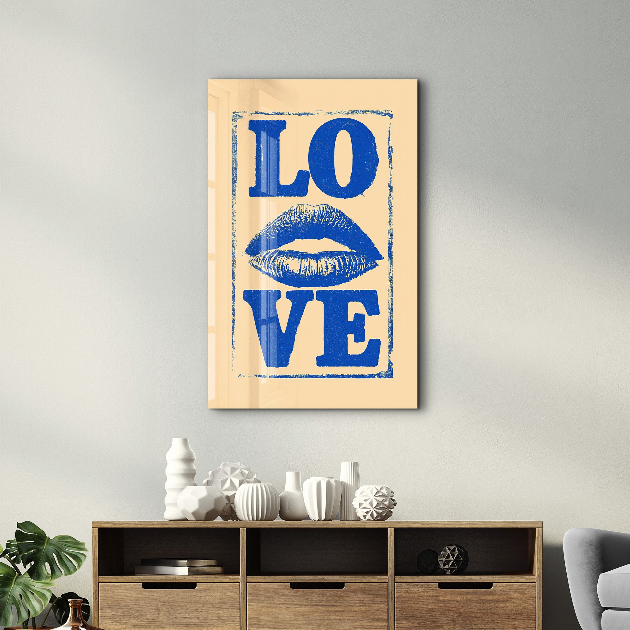 Glass wall art featuring a love kiss design by Artdesigna, with vibrant colors and a sleek glass finish for modern interior decor.