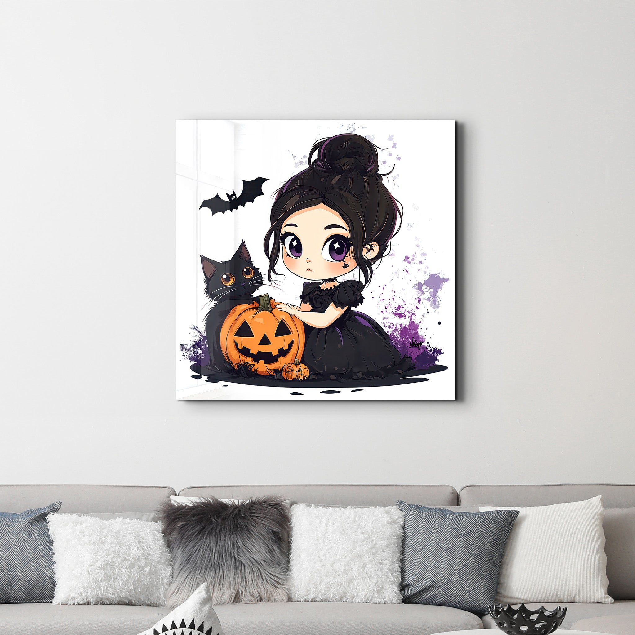 Lil' Witch and Her Pumpkin Pal | Halloween Style Glass Wall Art - Artdesigna