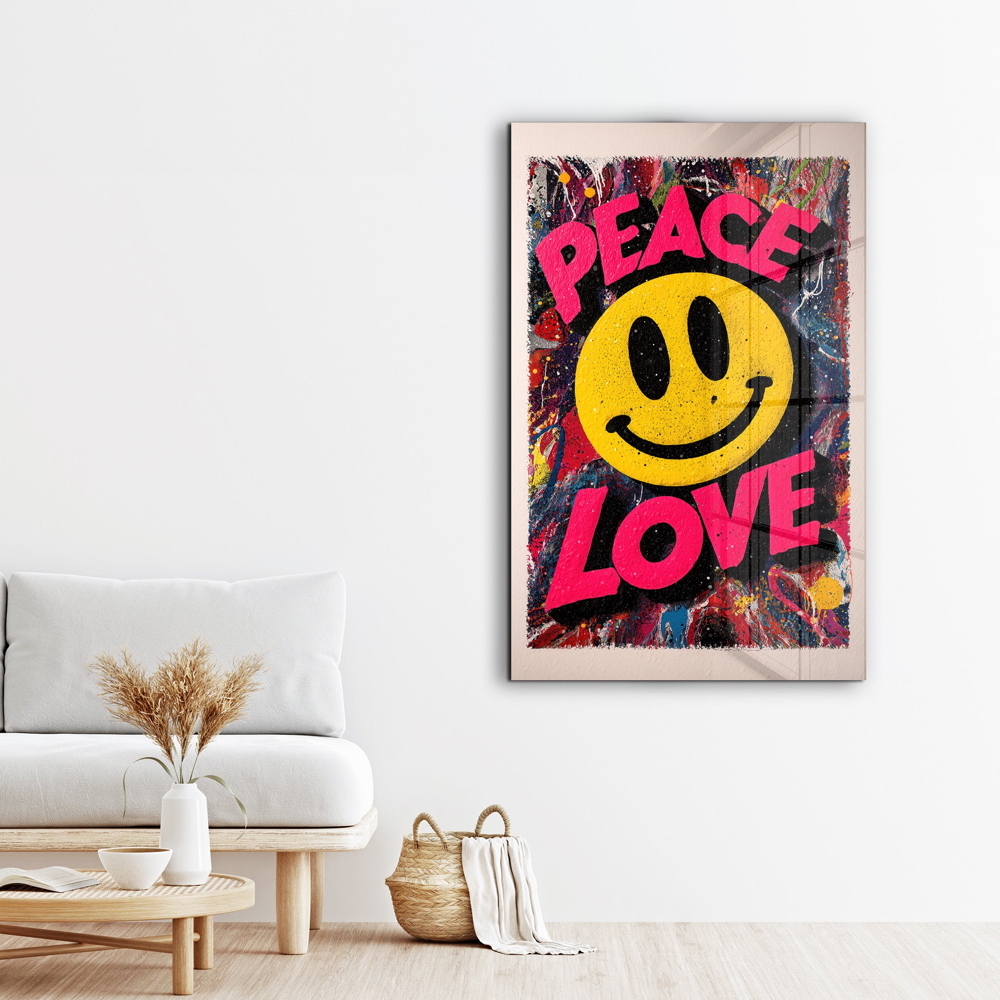 Colorful glass wall art featuring graffiti-style smiley face with peace and love symbols, designed by Artdesigna.